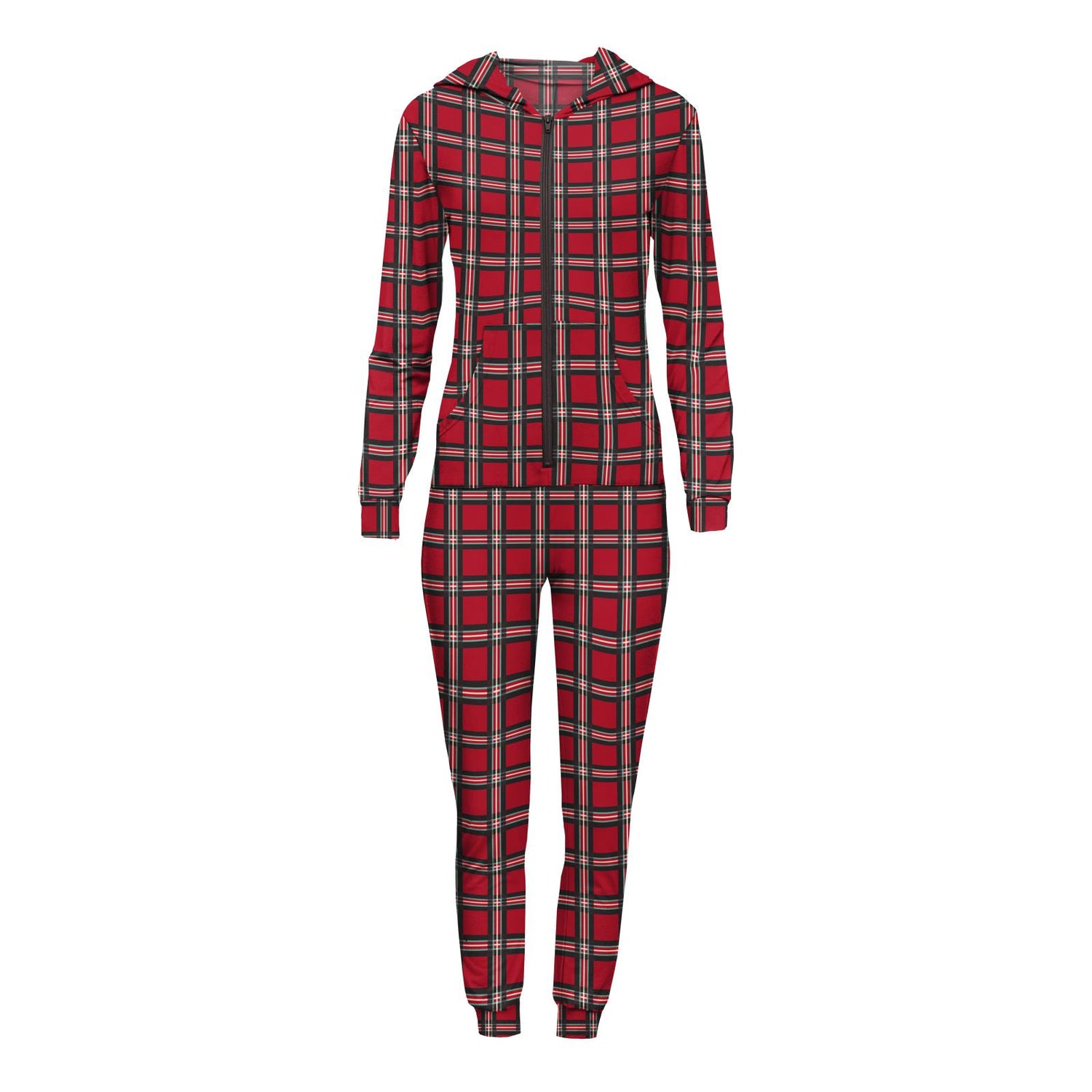 Women's Print Long Sleeve Jumpsuit with Hood in Classic Holiday Plaid