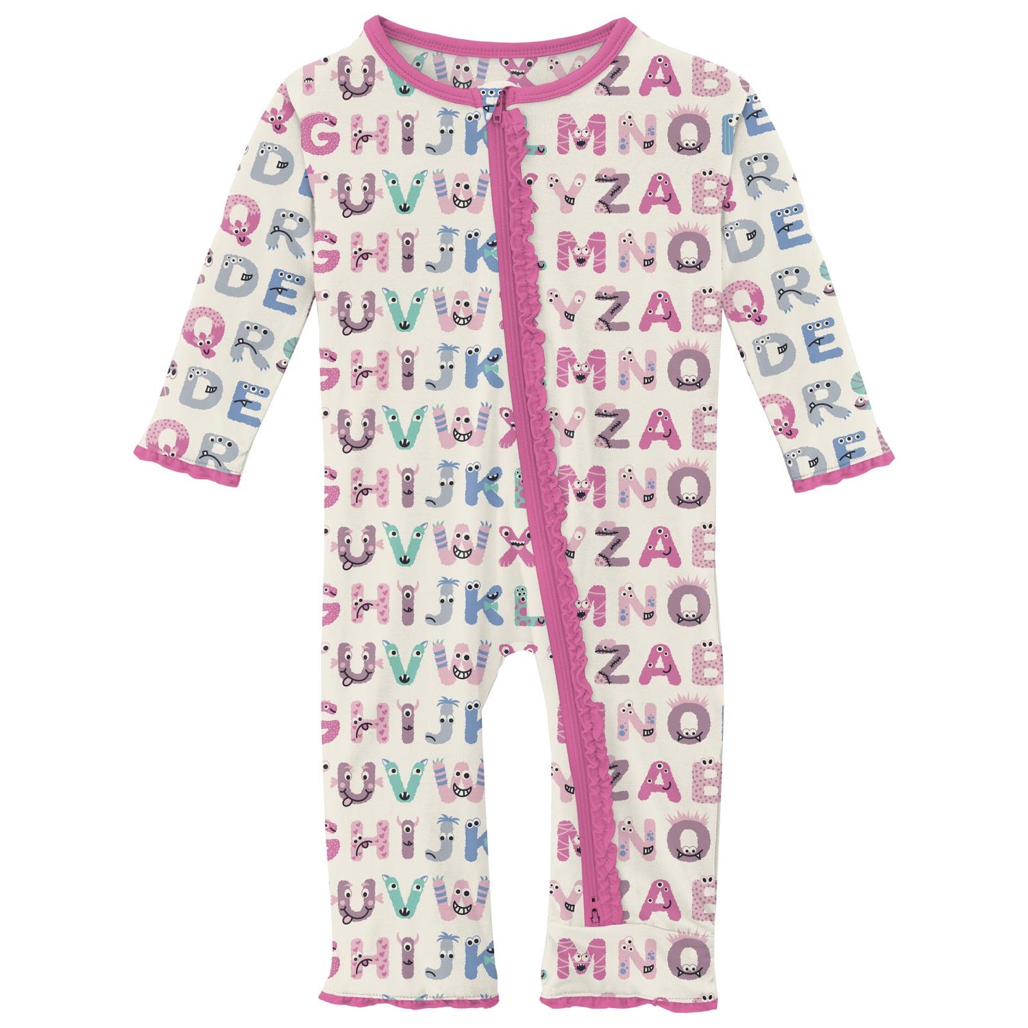 Print Muffin Ruffle Coverall with 2 Way Zipper in Natural ABC Monsters
