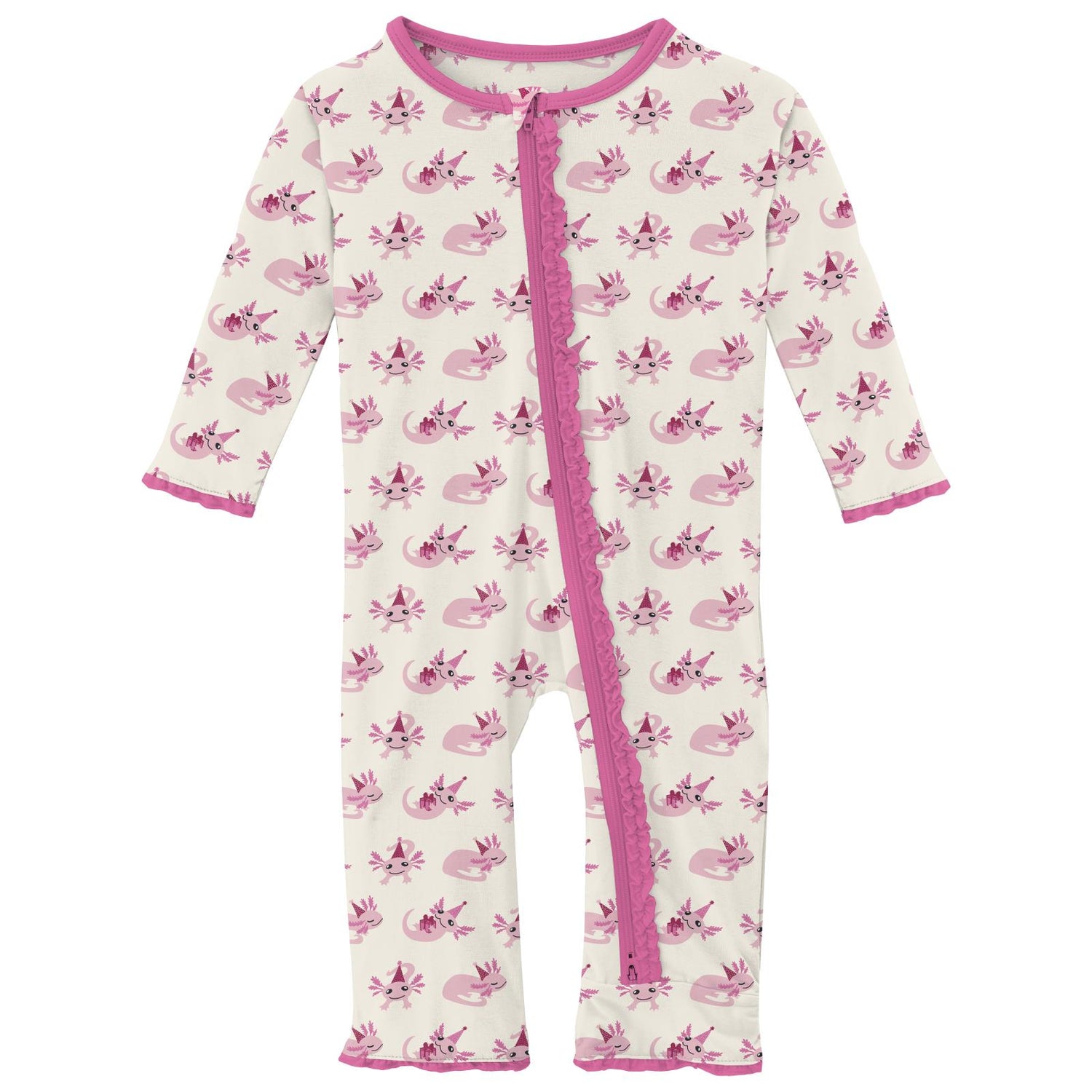 Print Muffin Ruffle Coverall with 2 Way Zipper in Natural Axolotl Party