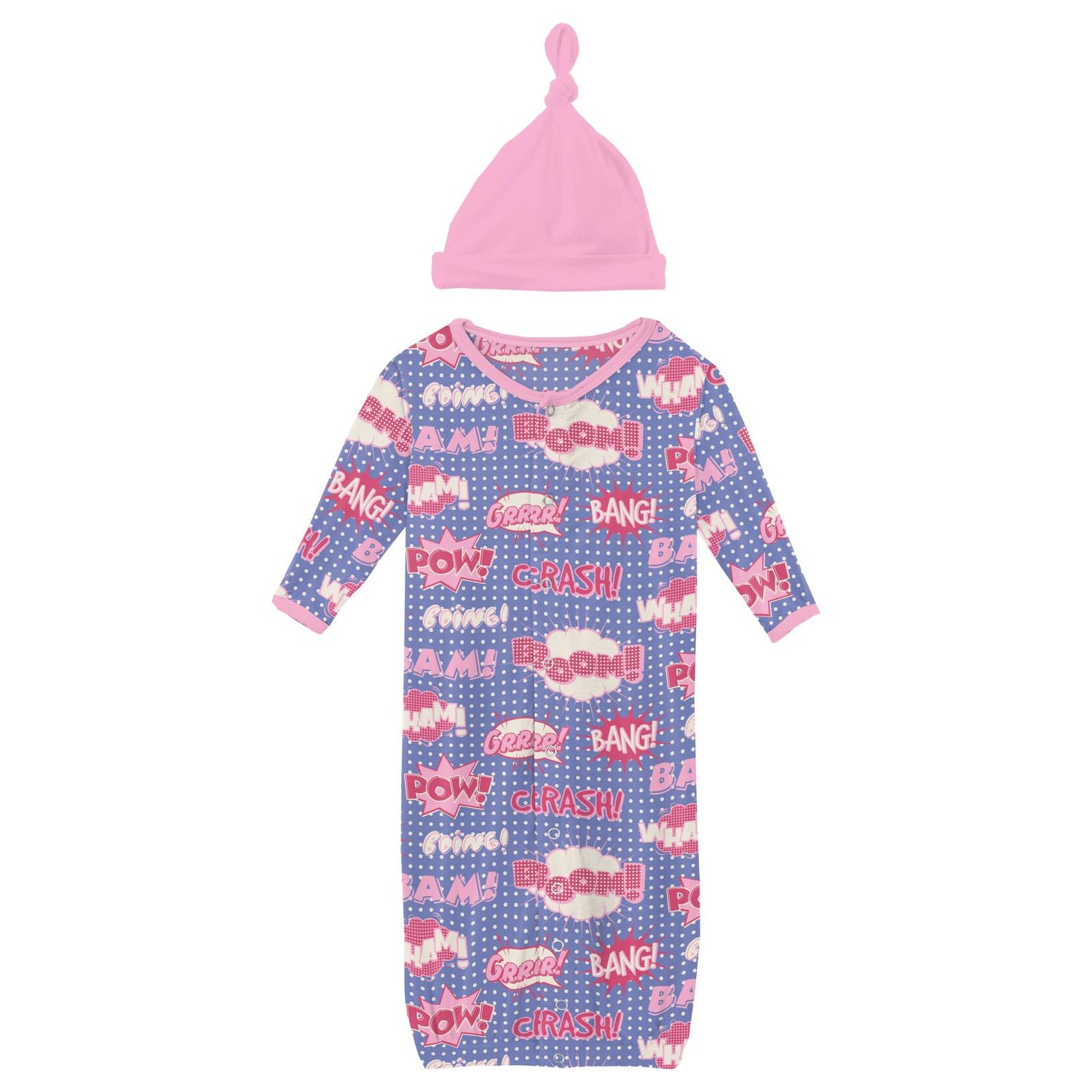 Print Layette Gown Converter & Single Knot Hat Set in Forget Me Not Comic Onomatopoeia
