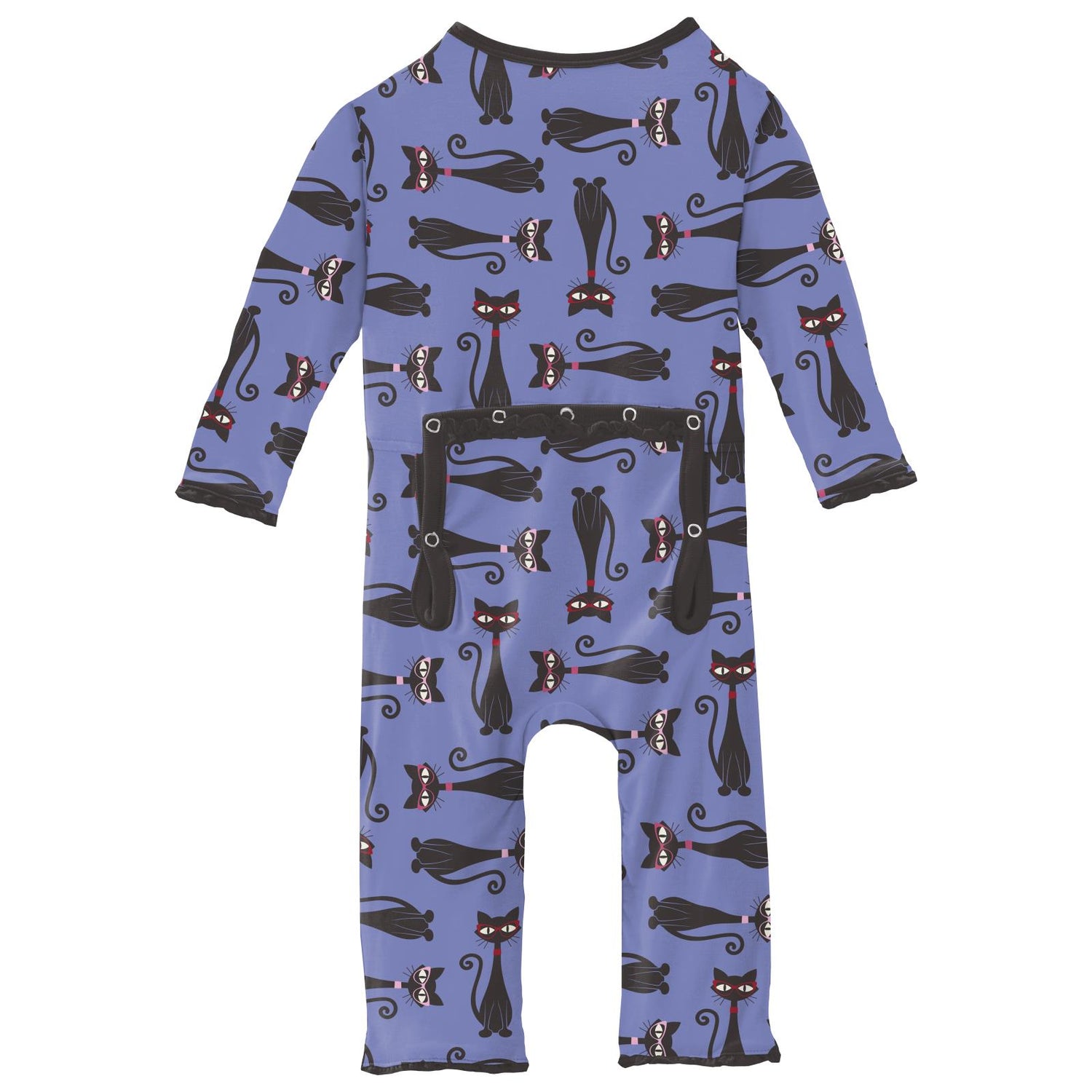 Print Muffin Ruffle Coverall with Zipper in Forget Me Not Cool Cats