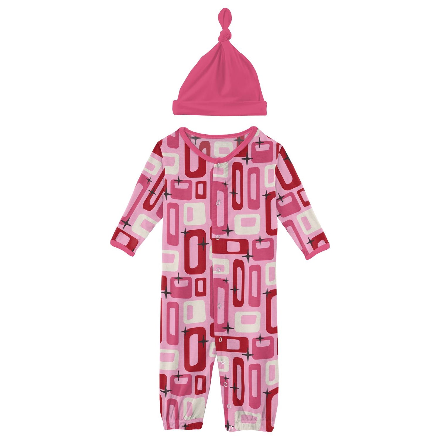 Print Layette Gown Converter & Single Knot Hat Set in Cotton Candy Mid Century Modern