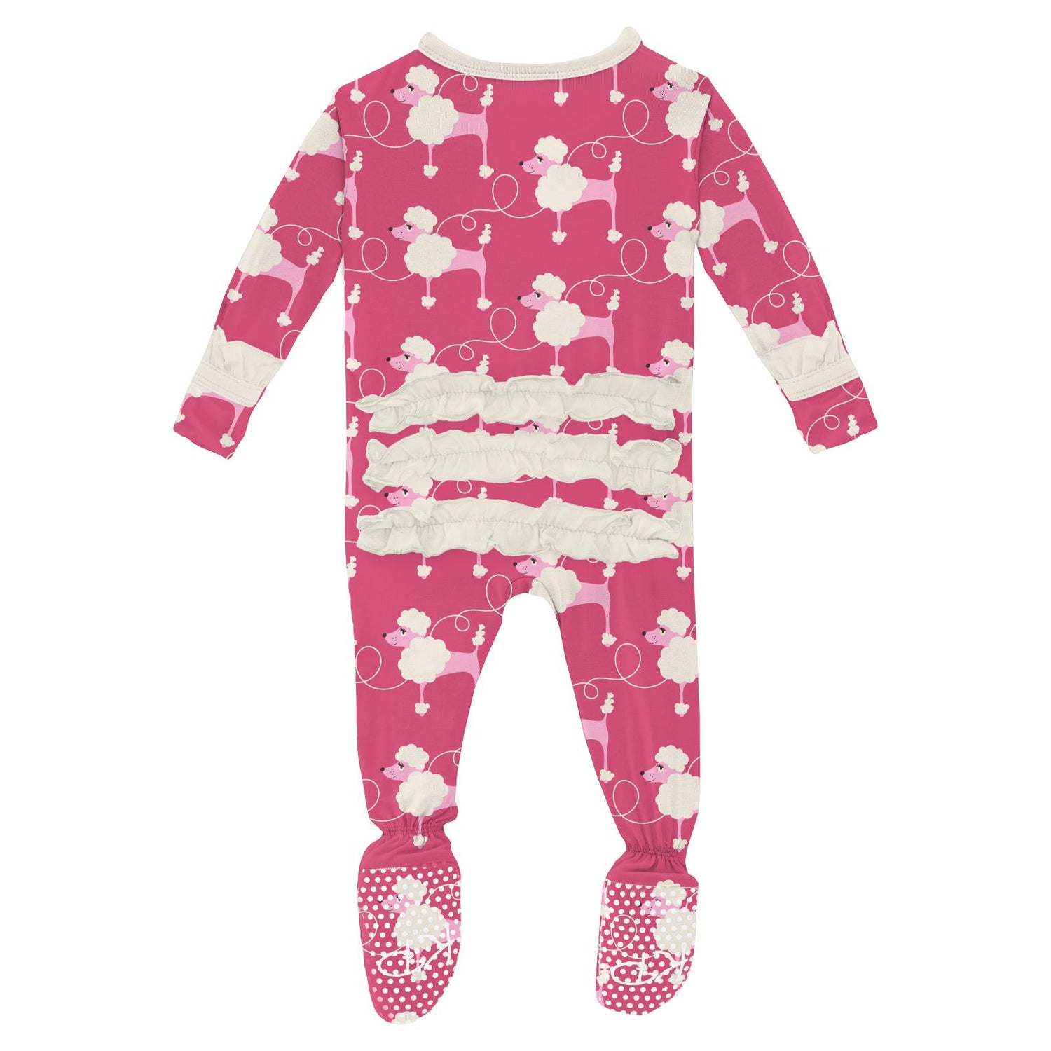 Print Classic Ruffle Footie with Snaps in Flamingo Poodles