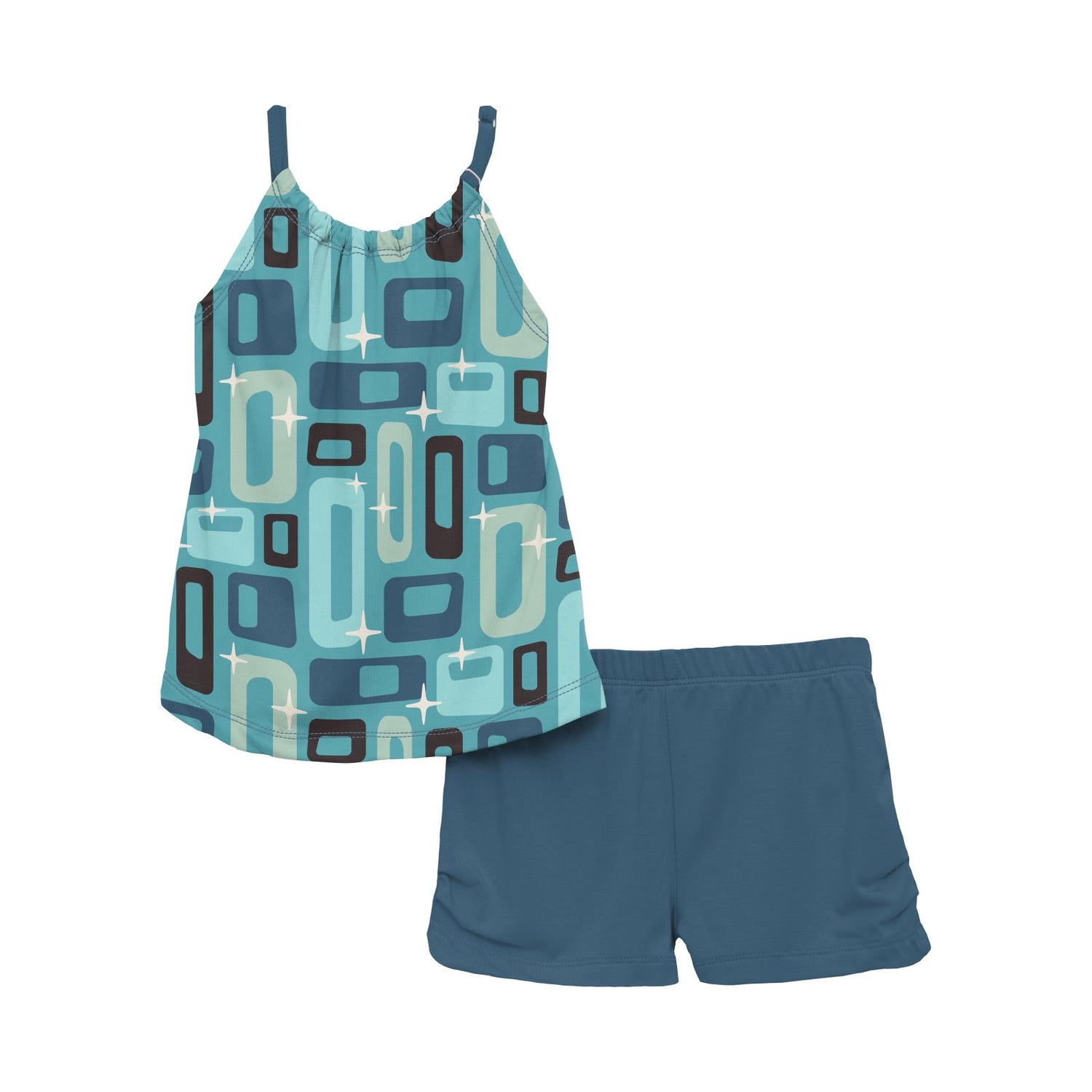 Print Gathered Cami & Shorts Outfit Set in Glacier Mid Century Modern