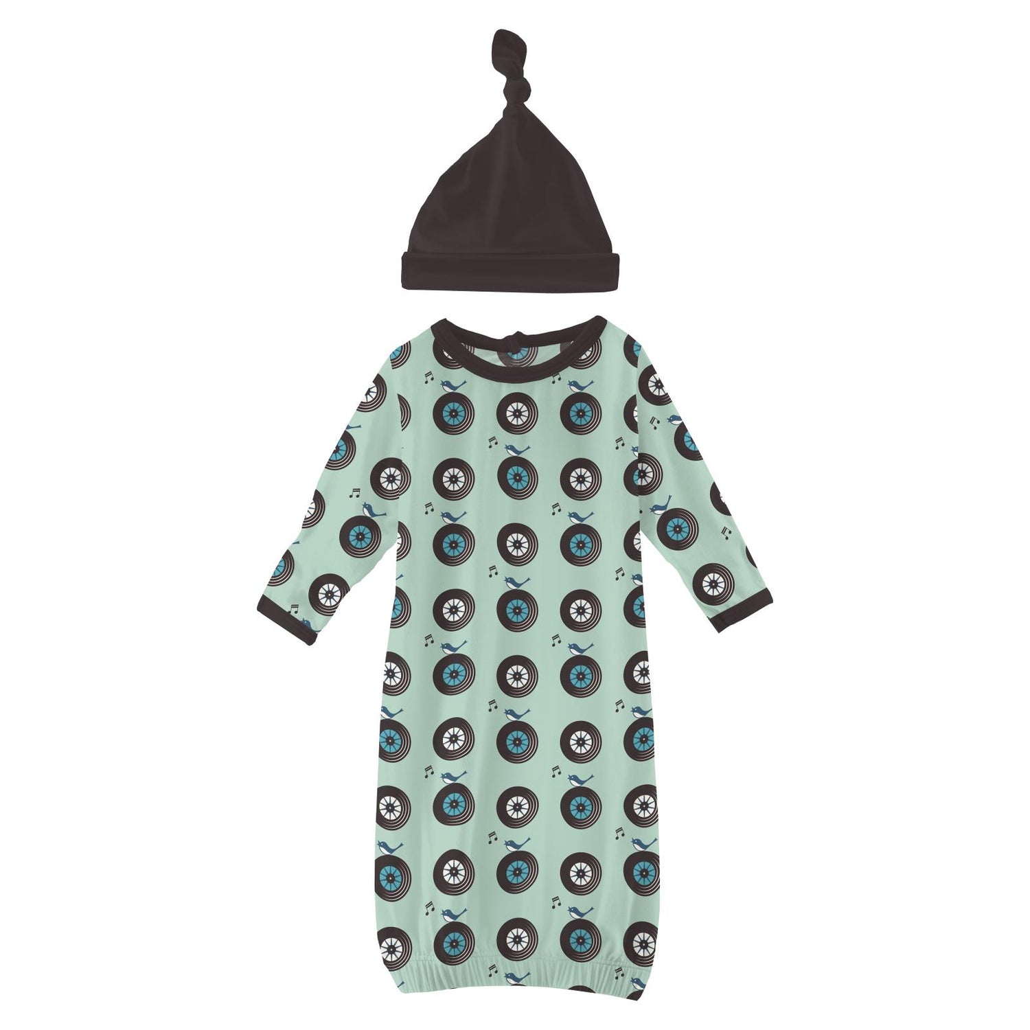 Print Layette Gown & Single Knot Hat Set in Pistachio Record Birds