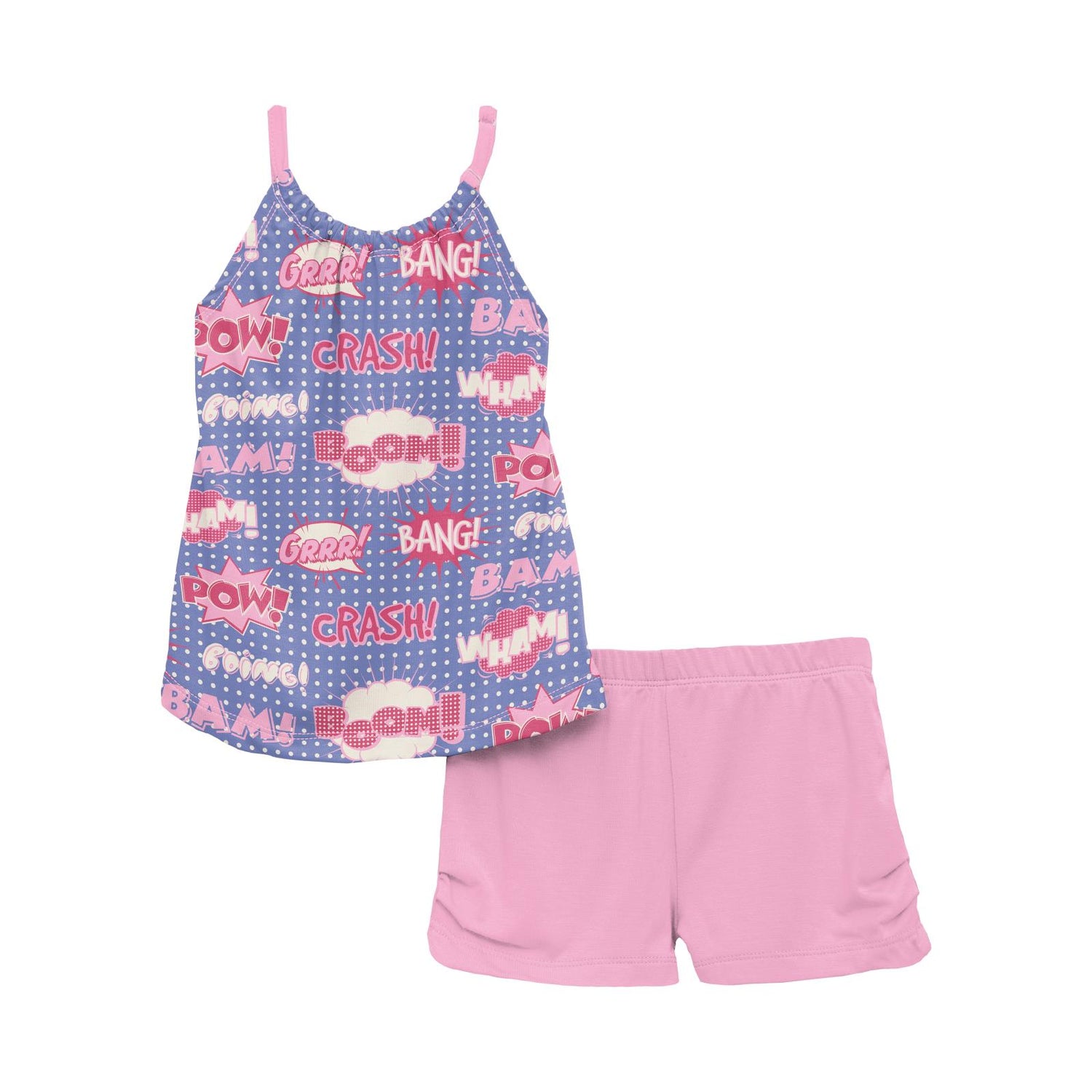 Print Gathered Cami & Shorts Outfit Set in Forget Me Not Comic Onomatopoeia