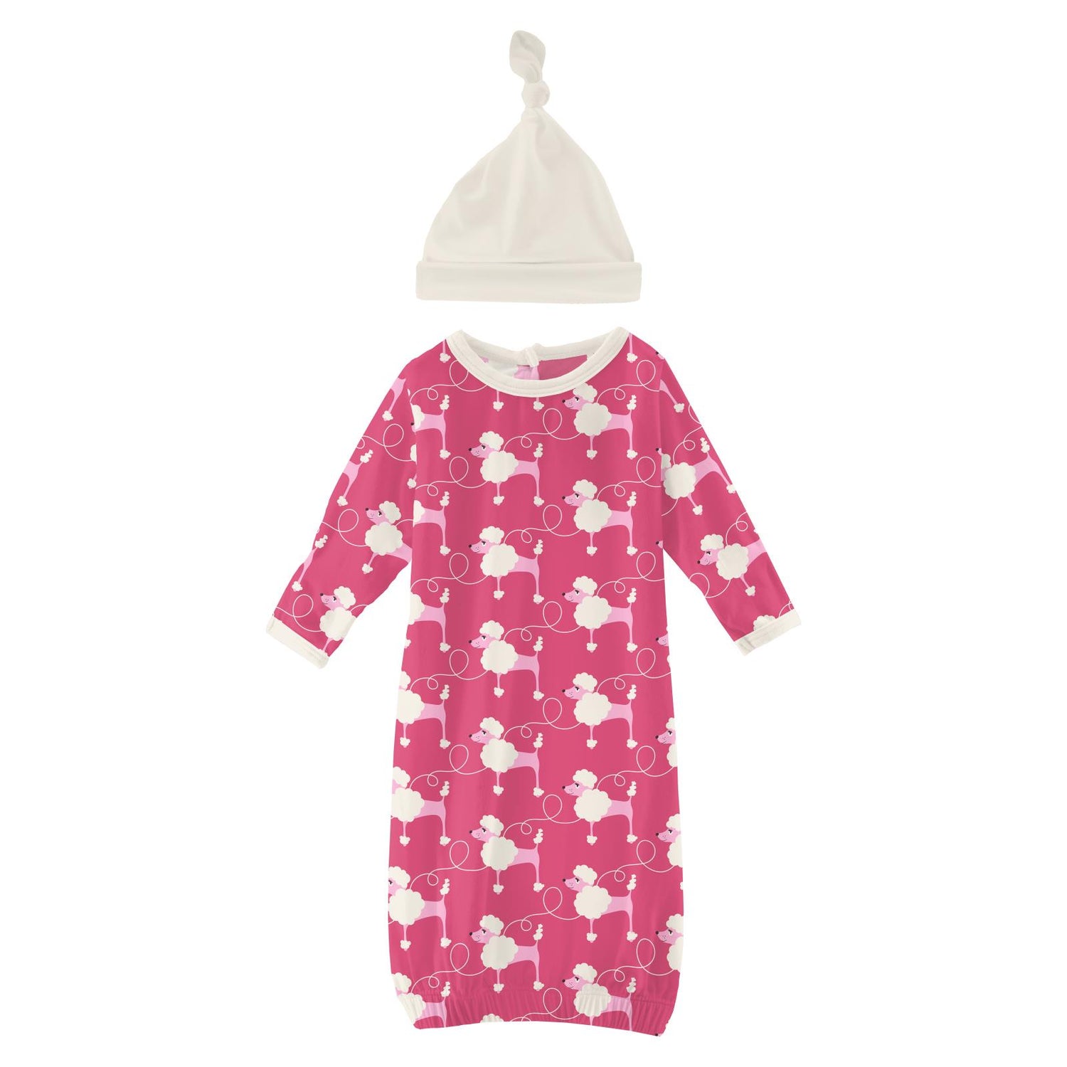 Print Layette Gown & Single Knot Hat Set in Flamingo Poodles
