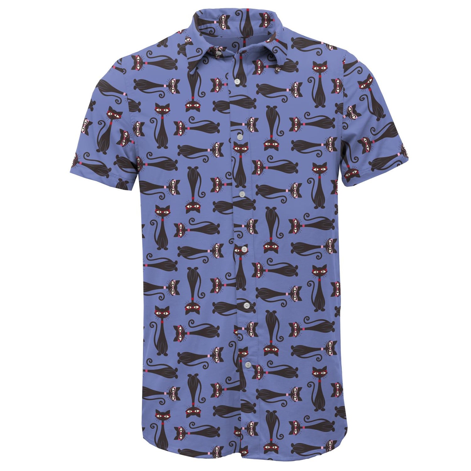 Men's Print Short Sleeve Woven Button Down Shirt in Forget Me Not Cool Cats