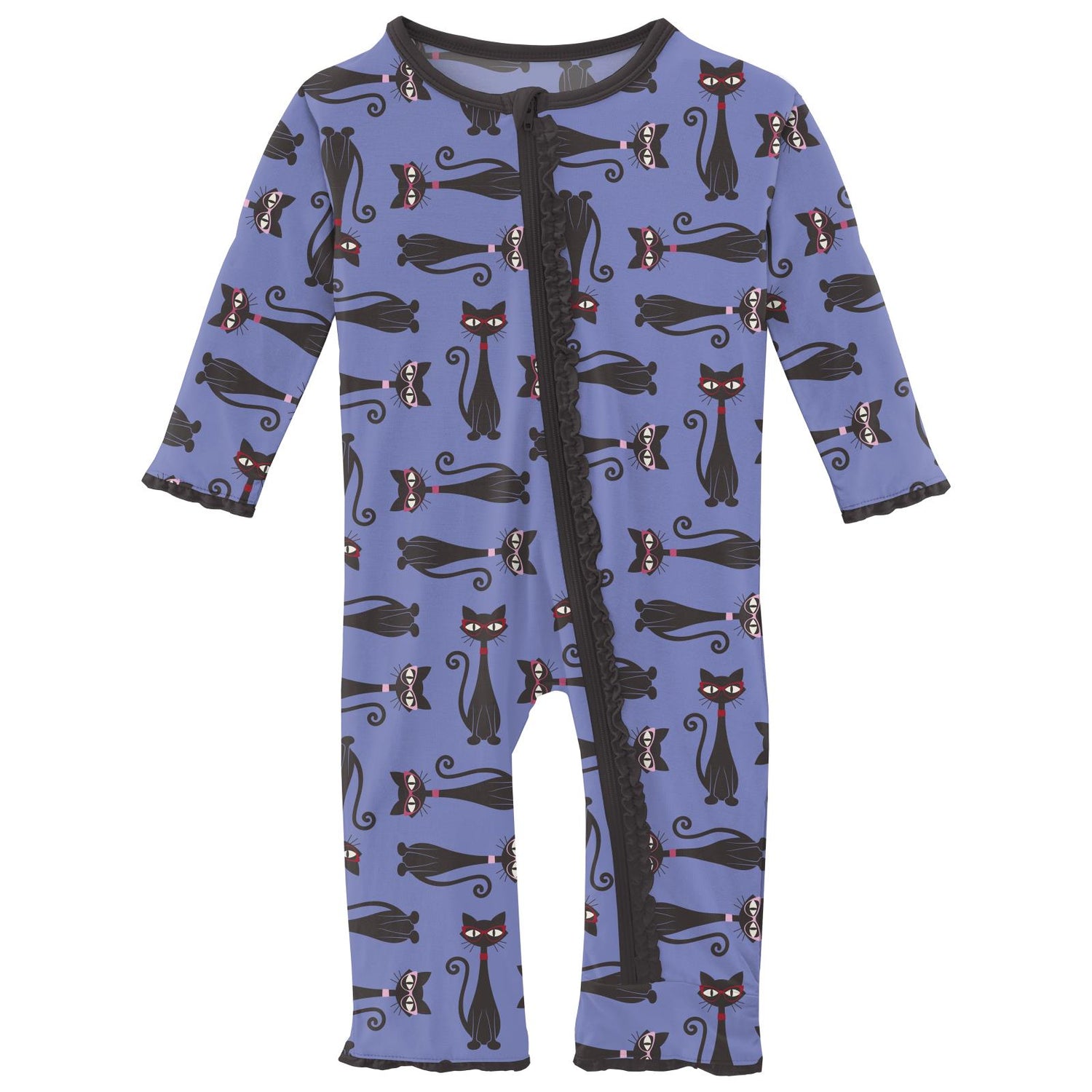 Print Muffin Ruffle Coverall with Zipper in Forget Me Not Cool Cats