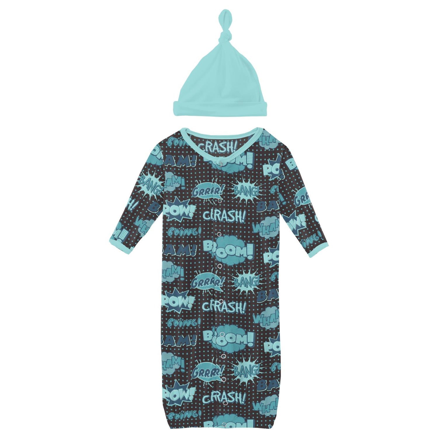 Print Layette Gown Converter & Single Knot Hat Set in Midnight Comic Onomatopoeia
