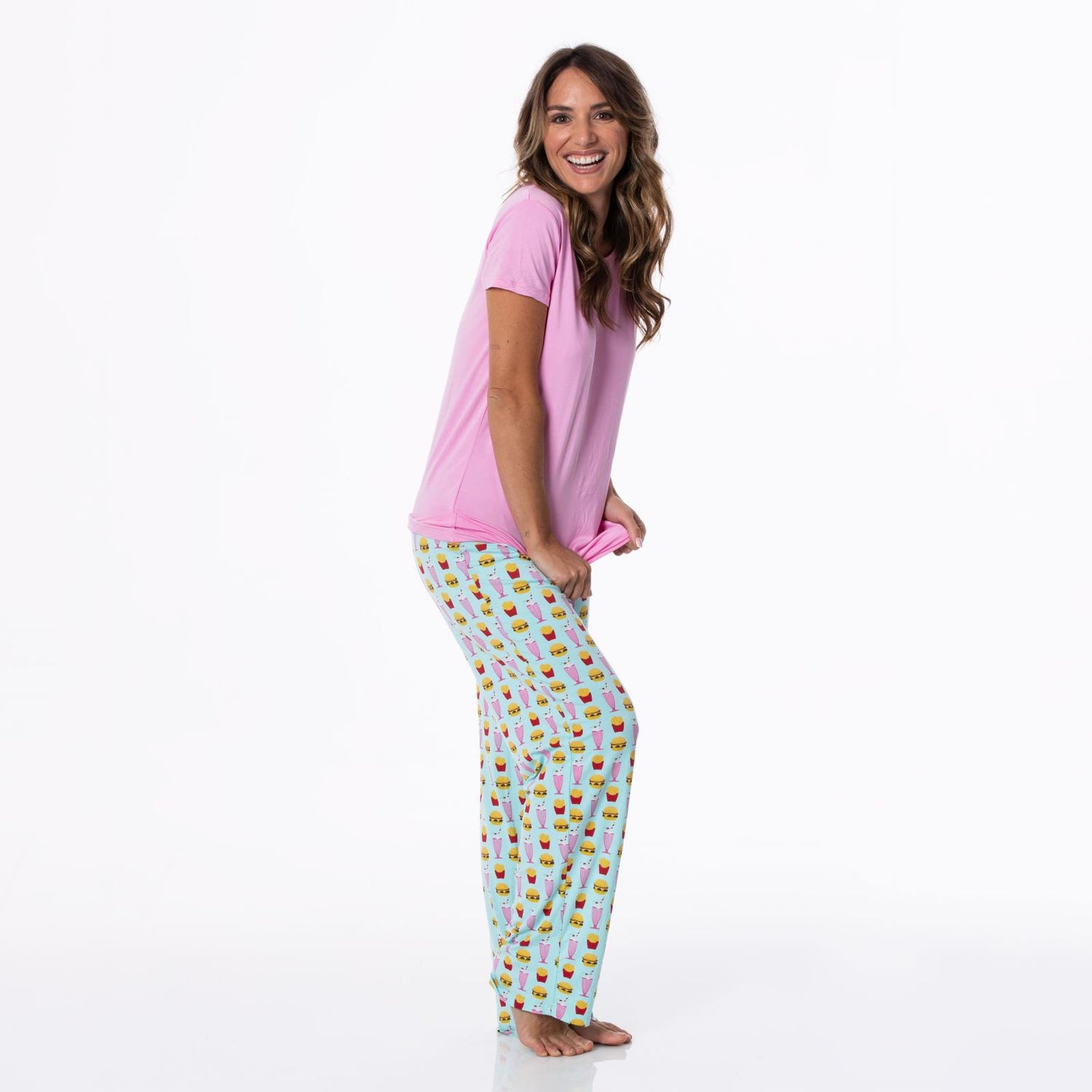 Women's Print Short Sleeve Loosey Goosey Tee & Pajama Pants Set in Summer Sky Cheeseburger