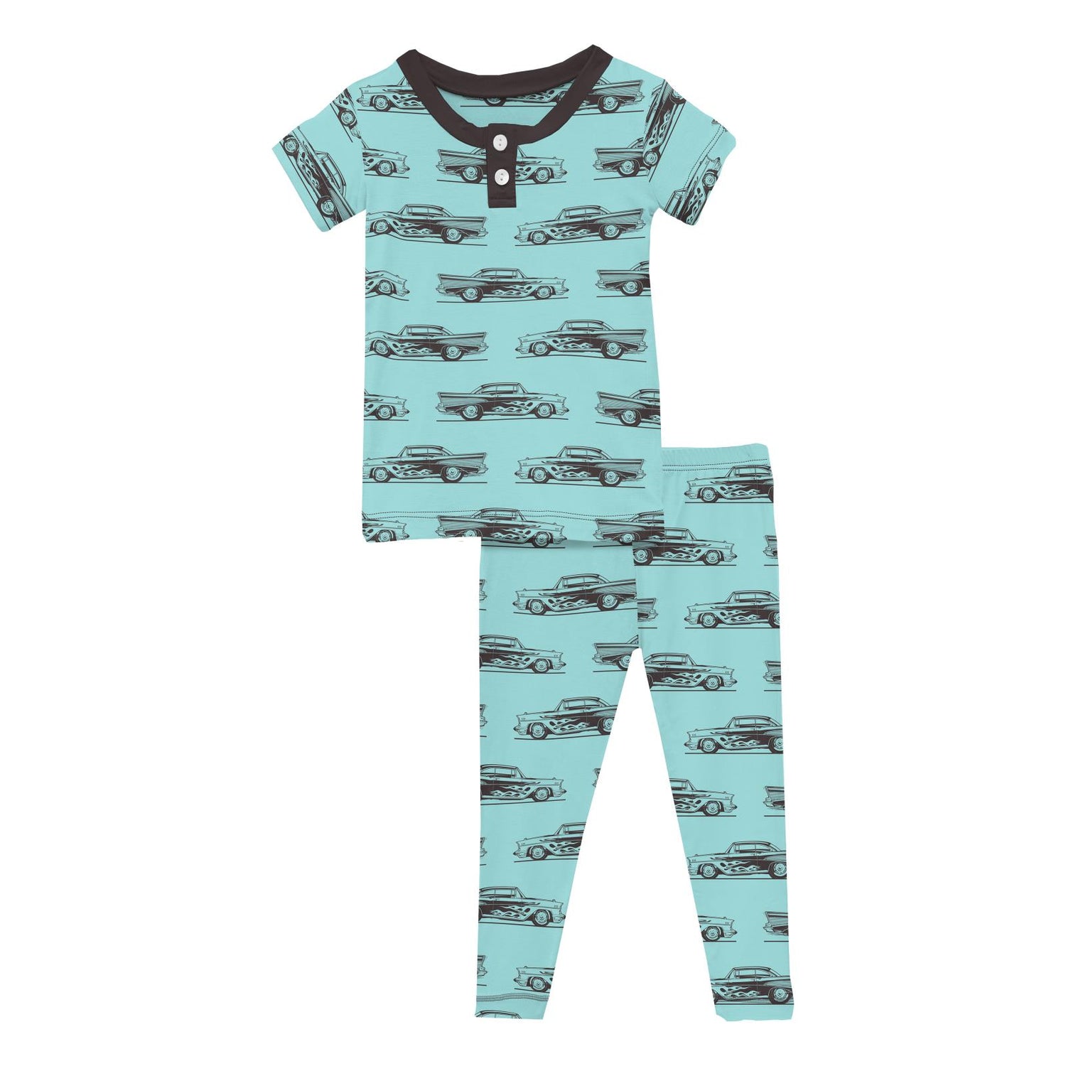 Print Short Sleeve Henley Pajama Set in Summer Sky Hot Rod