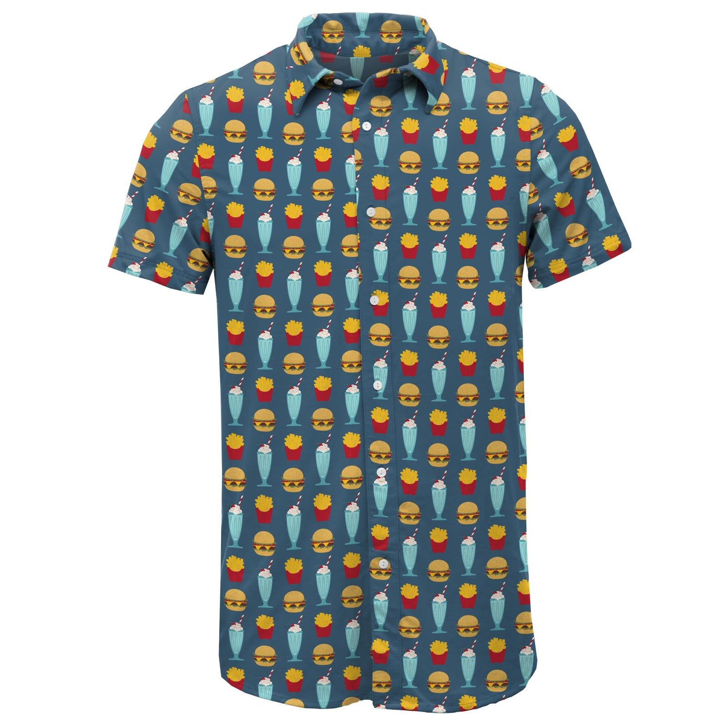 Men's Print Short Sleeve Button Down Shirt in Deep Sea Cheeseburger