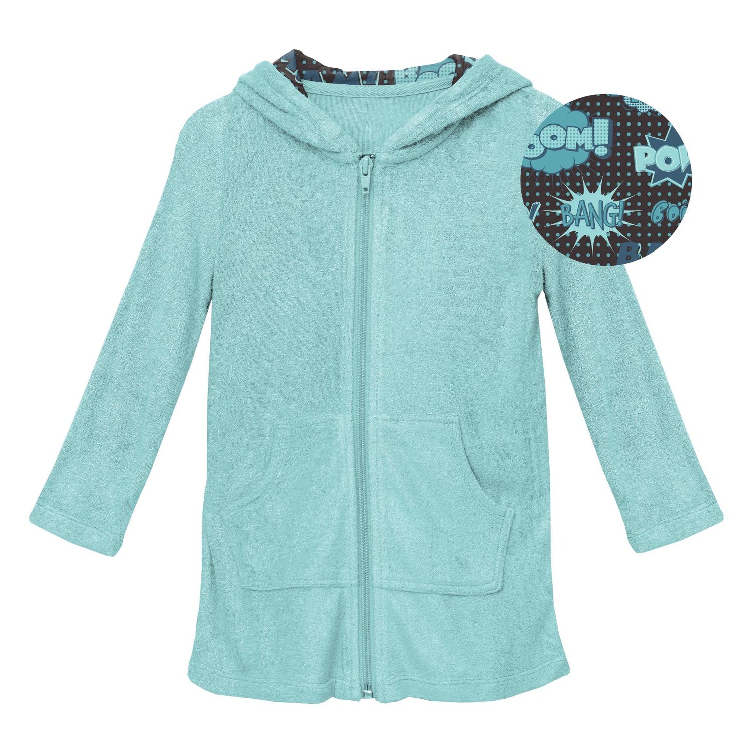 Terry Zip-Front After Swim Robe with Lined Hood in Summer Sky with Midnight Comic Onomatopoeia