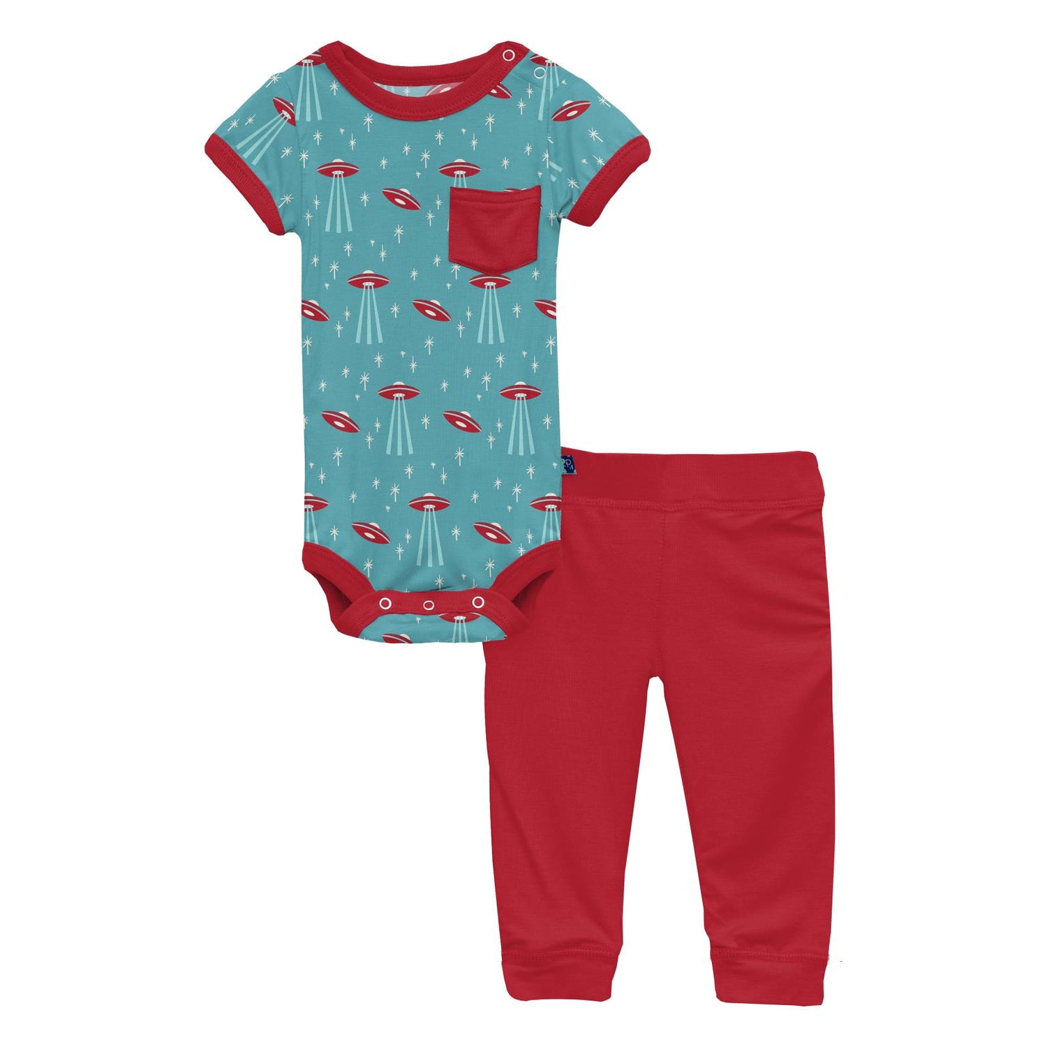 Print Short Sleeve Pocket One Piece and Pant Outfit Set in Glacier Alien Invasion