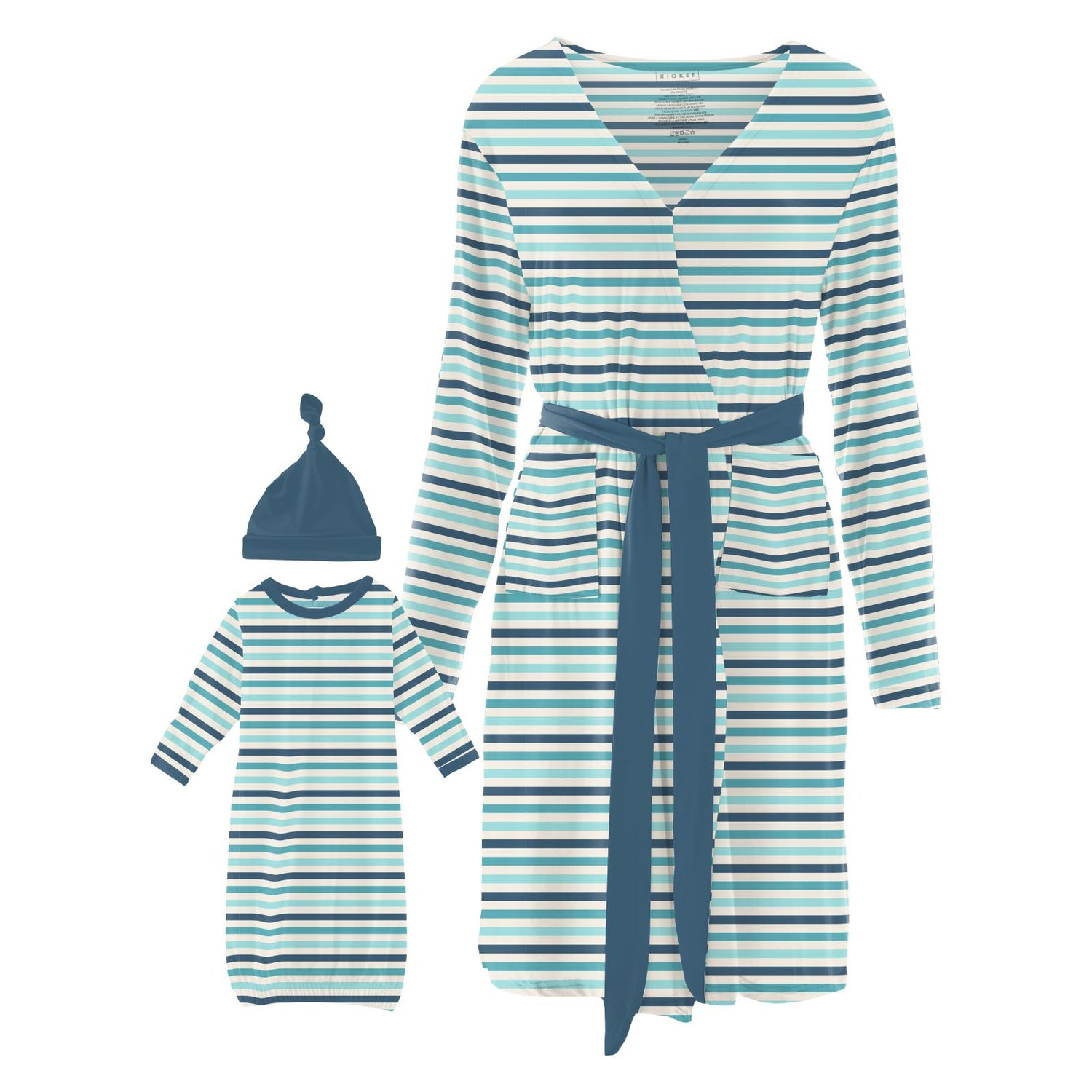 Women's Print Mid Length Lounge Robe & Layette Gown Set in Cruisin' Stripe