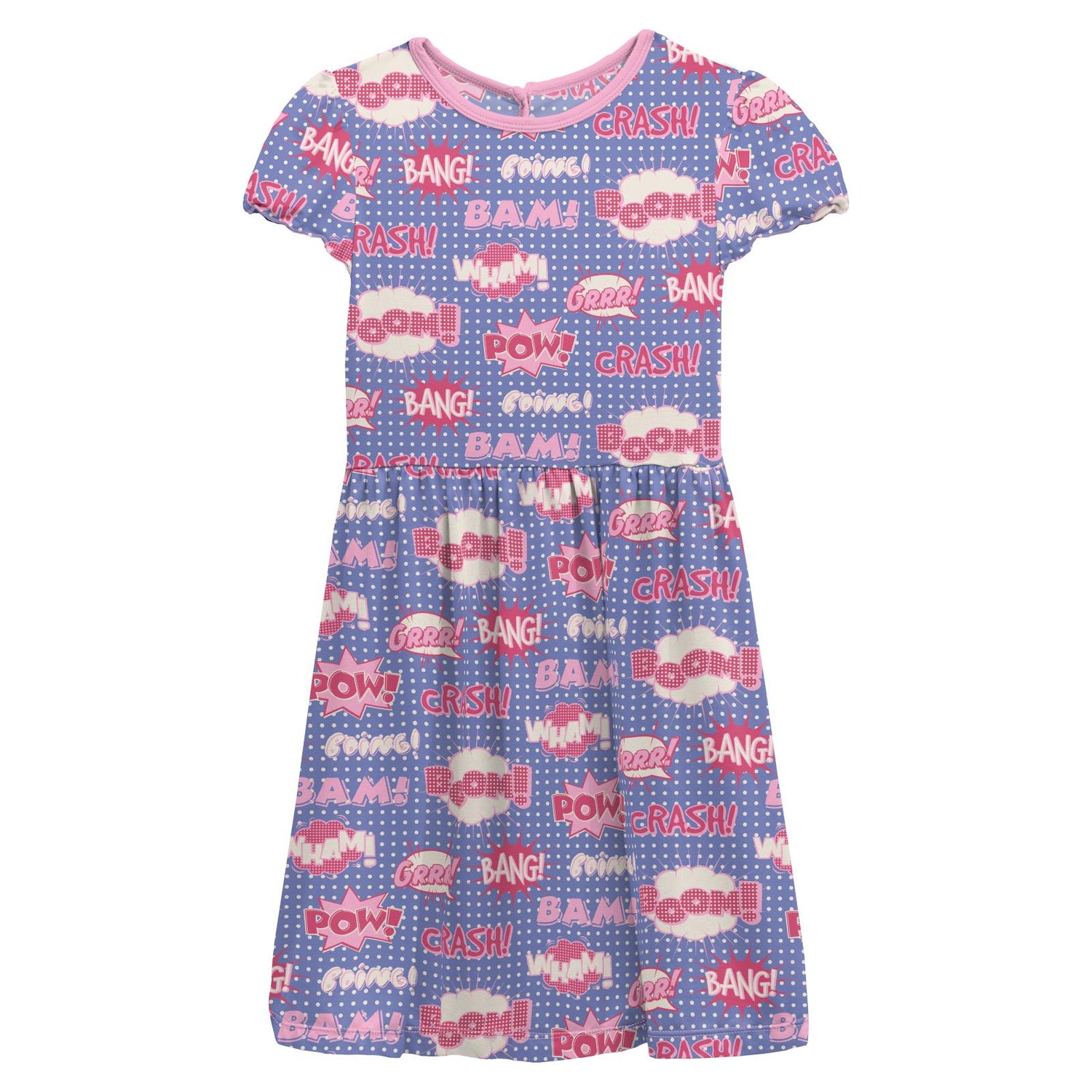 Print Flutter Sleeve Twirl Dress in Forget Me Not Comic Onomatopoeia