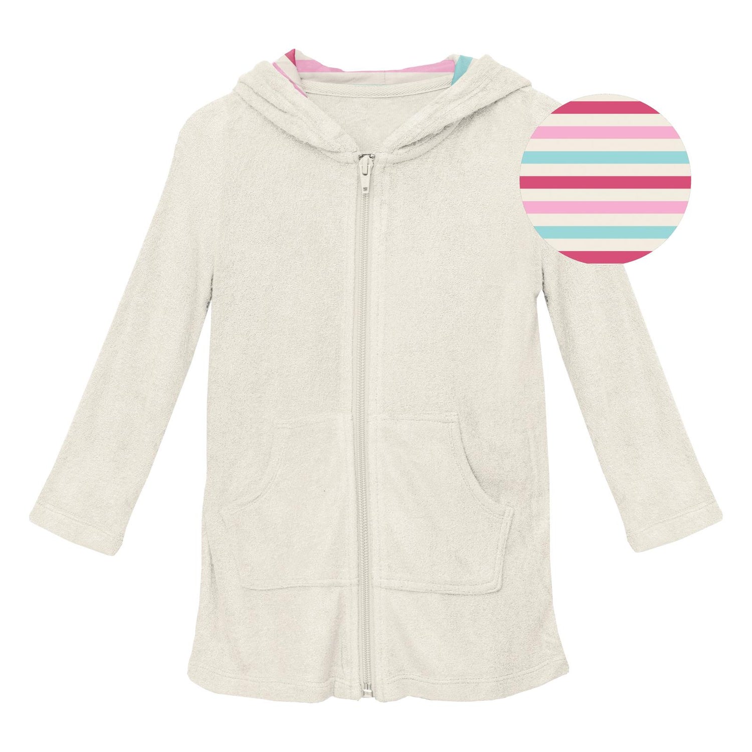 Terry Zip-Front After Swim Robe with Lined Hood in Natural with Sock Hop Stripe