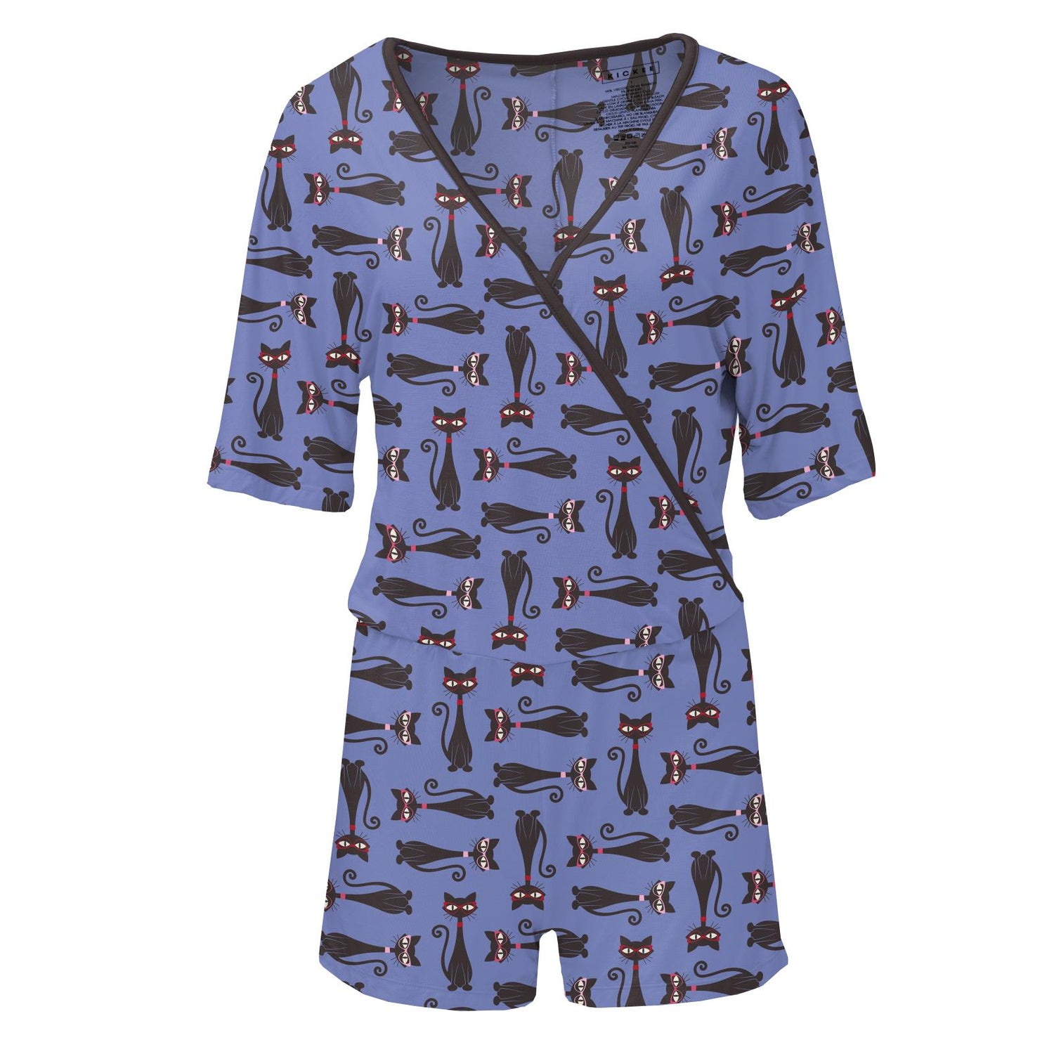 Women's Print Kimono Romper in Forget Me Not Cool Cats