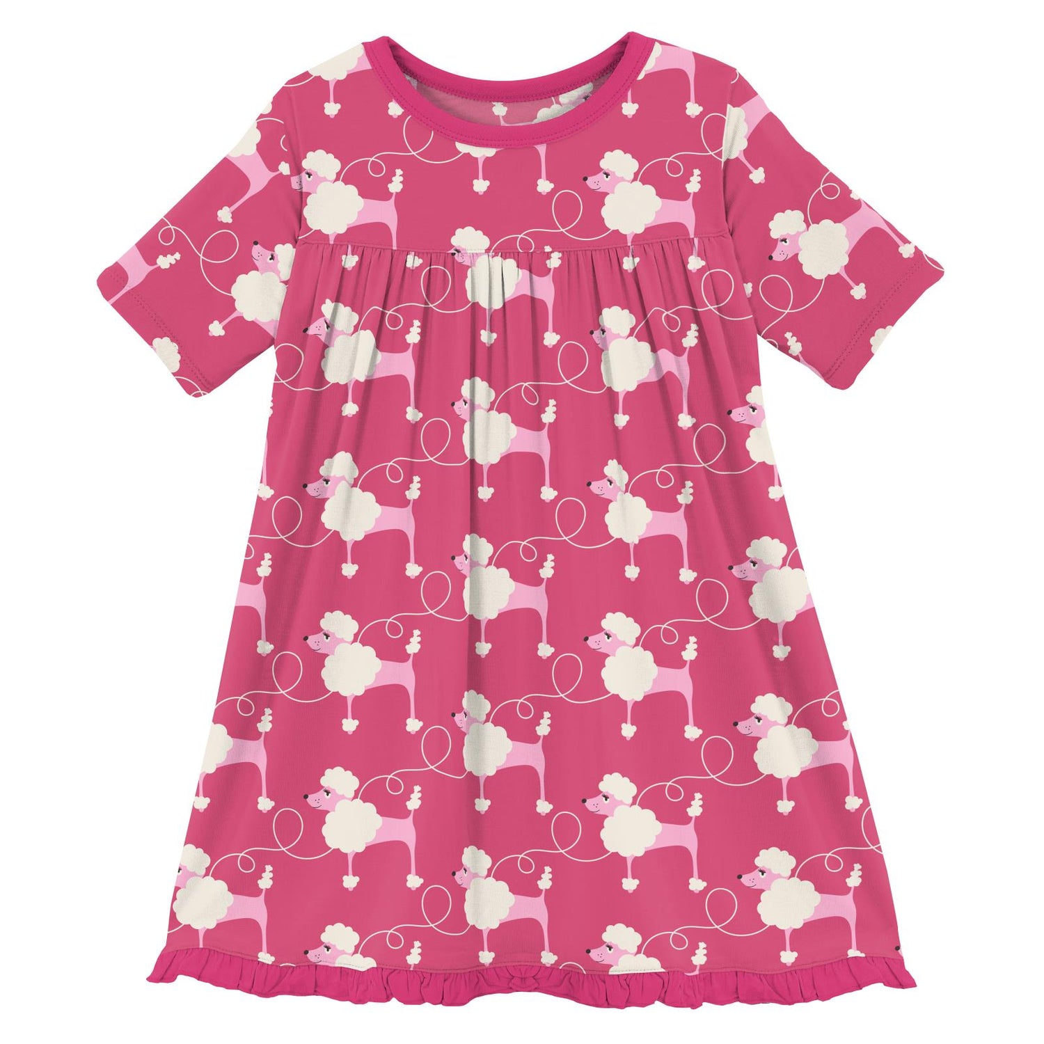 Print Classic Short Sleeve Swing Dress in Flamingo Poodles