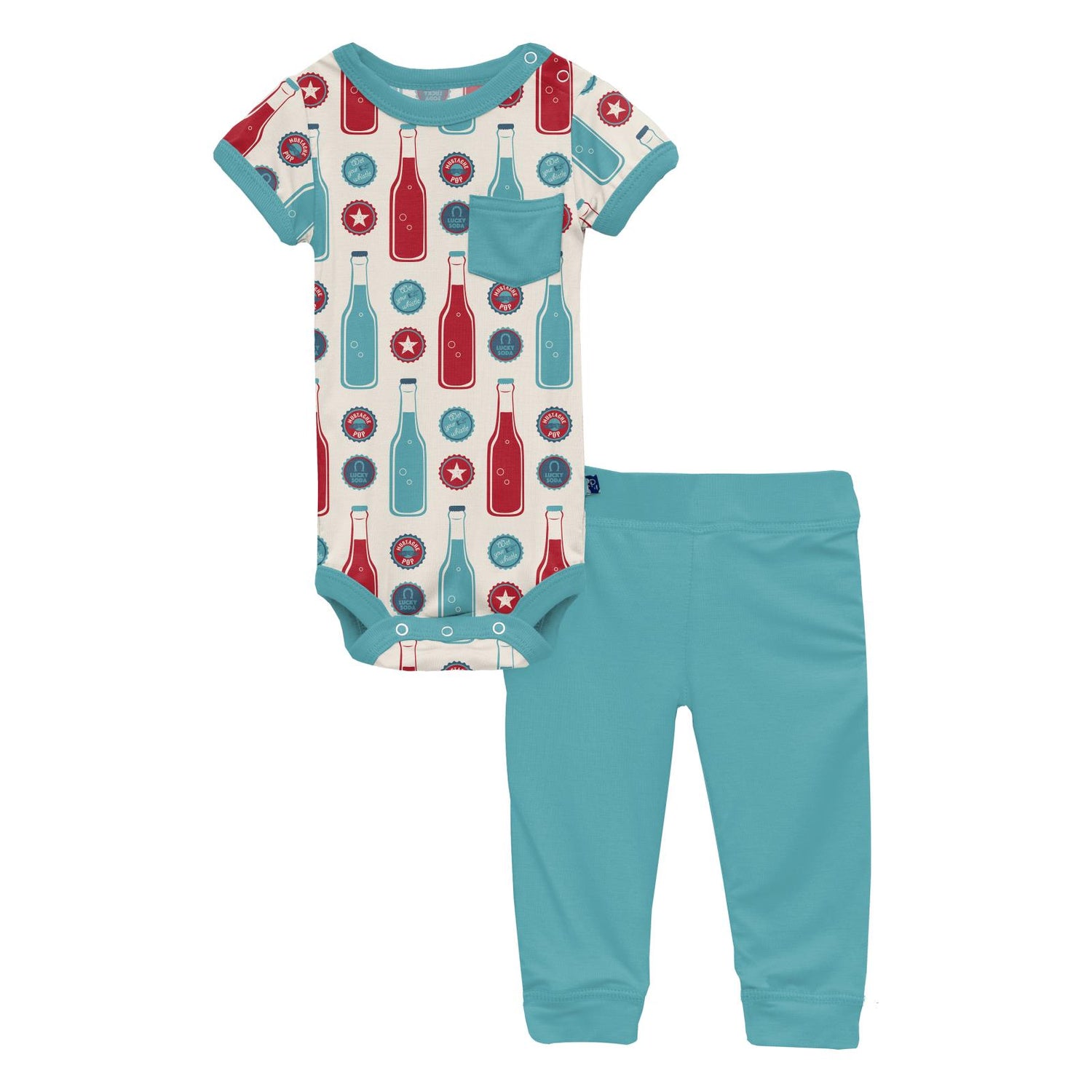 Print Short Sleeve Pocket One Piece and Pant Outfit Set in Natural Soda Pop