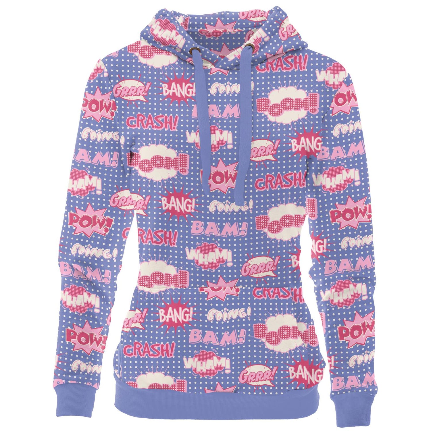 Women's Print Fleece Kangaroo Pocket Pullover in Forget Me Not Comic Onomatopoeia