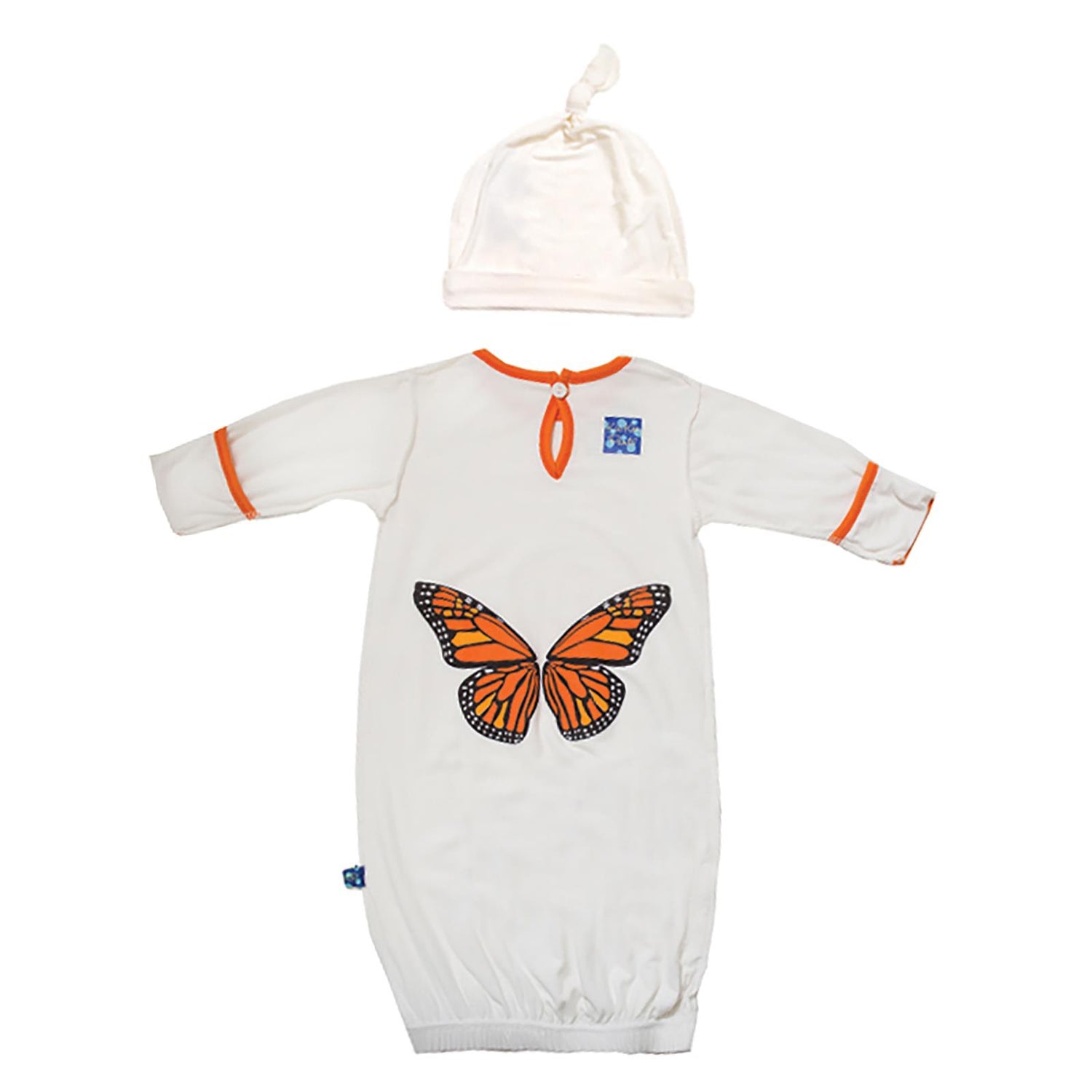 Print Layette Gown & Knot Hat Set in Natural with Monarch Butterfly