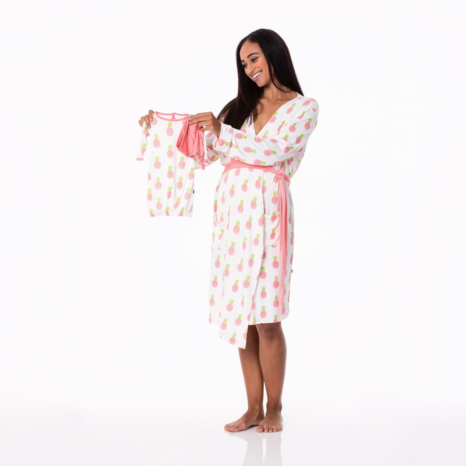 Women's Print Maternity/Nursing Robe &amp; Layette Gown Set in Strawberry Pineapples