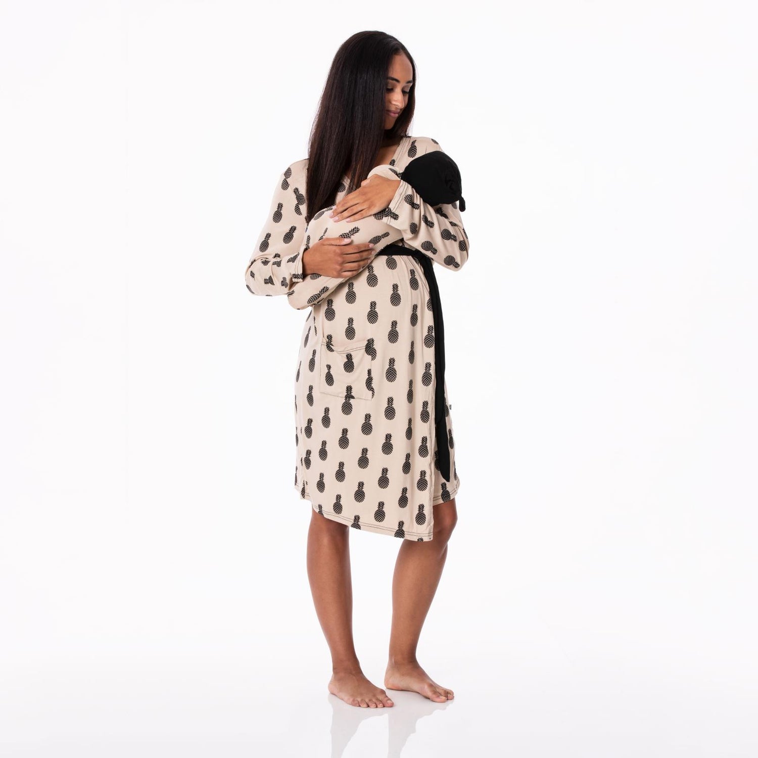 Women's Print Maternity/Nursing Robe &amp; Layette Gown Set in Burlap Pineapples
