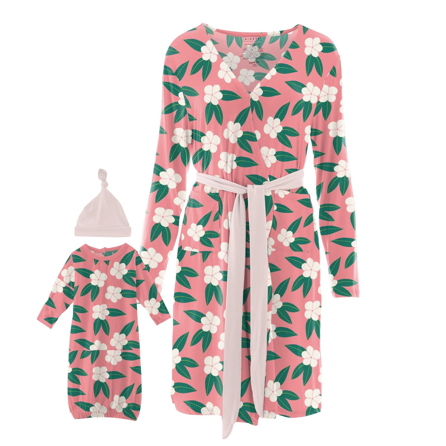 Women's Print Maternity/Nursing Robe &amp; Layette Gown Set in Strawberry Plumeria
