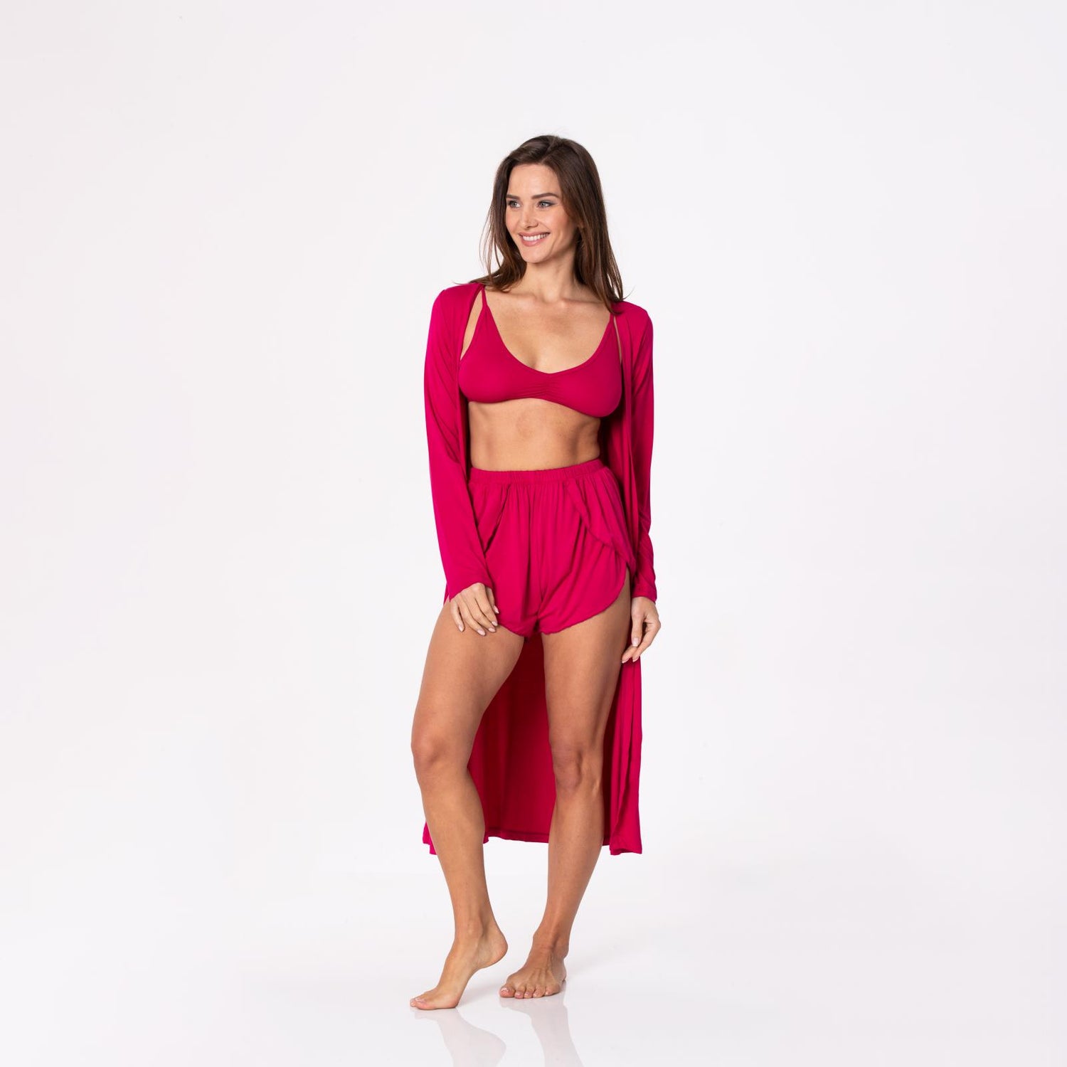 Women's Sleeping Bra, Tulip Shorts and Duster Robe Set in Rhododendron