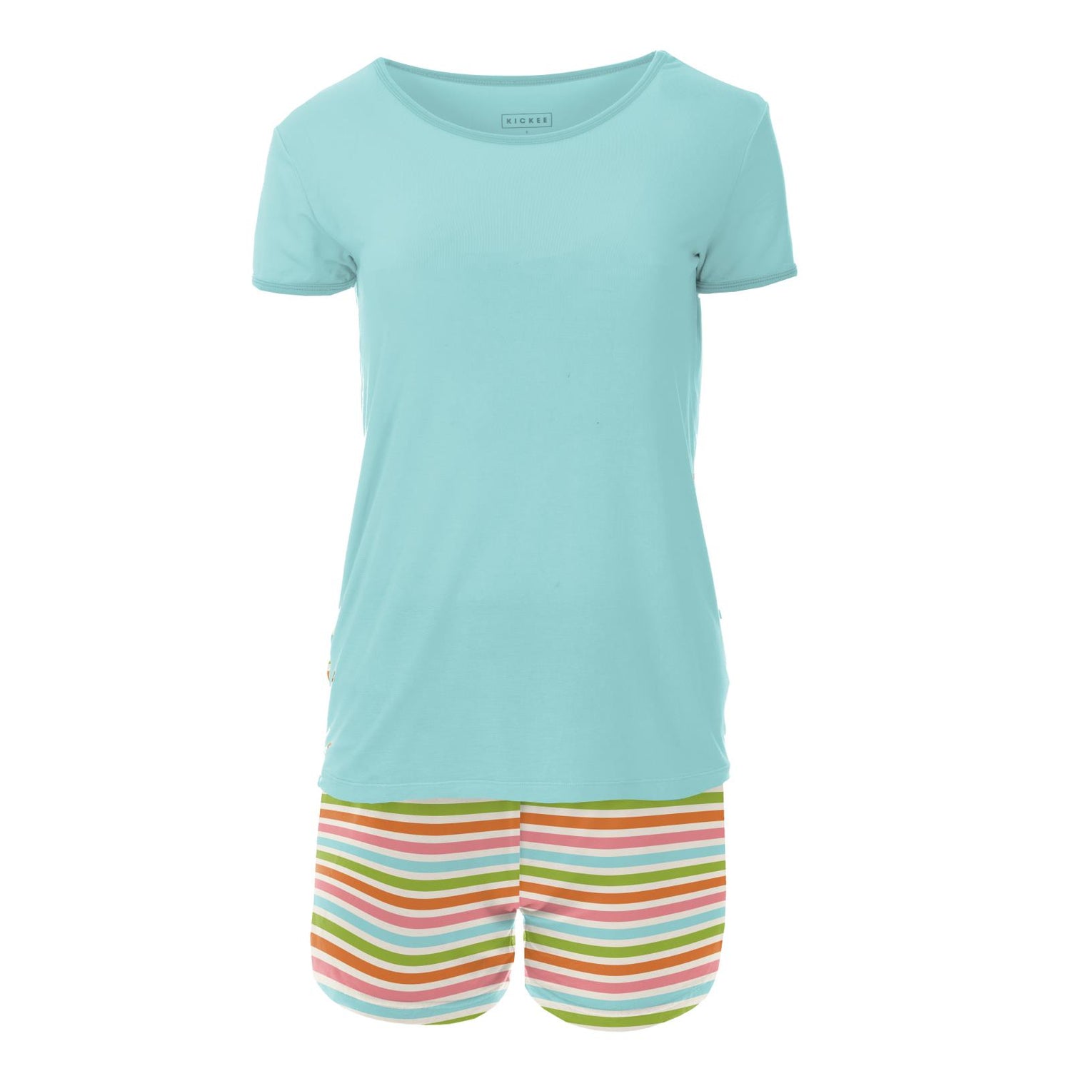 Women's Print Short Sleeve Fitted Pajama Set with Shorts in Beach Day Stripe