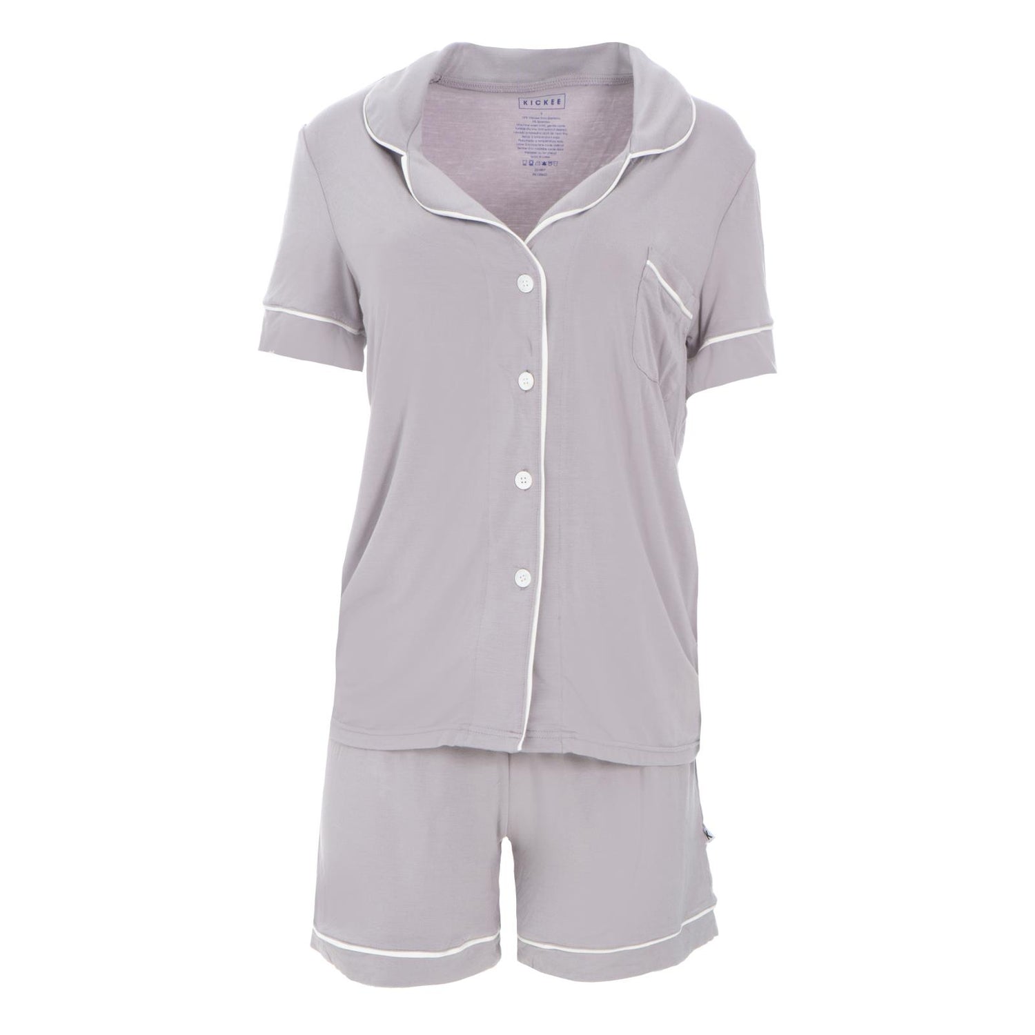 Women's Short Sleeve Collared Pajama Set with Shorts in Feather with Natural