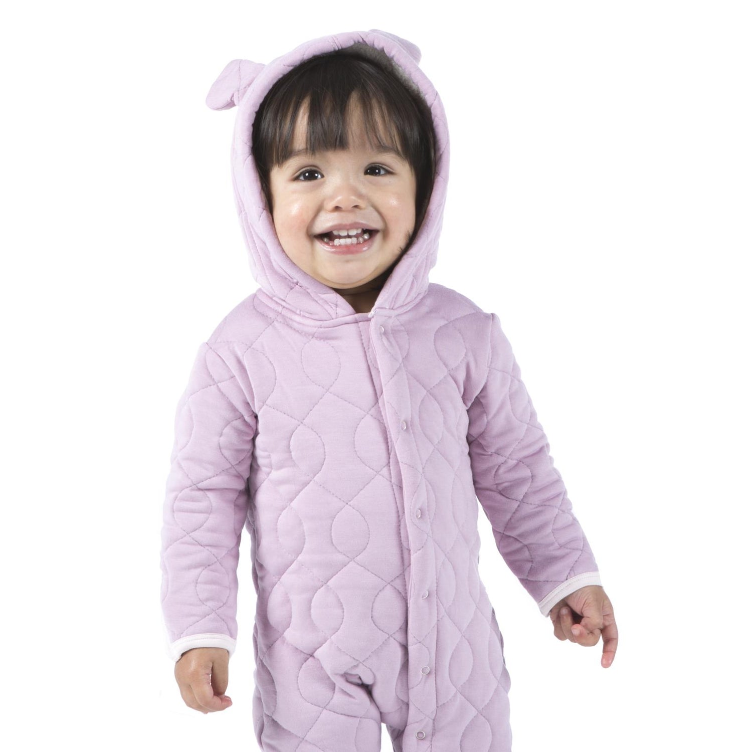 Quilted Hoodie Coverall with Sherpa-Lined Hood in Sweet Pea with Macaroon Trim