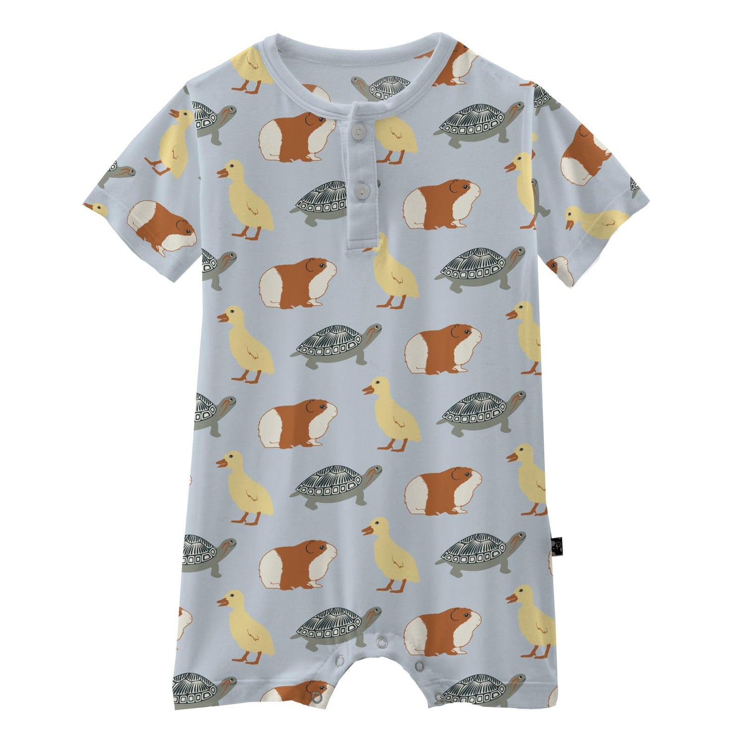 Print Short Sleeve Henley Romper in Illusion Blue Class Pets