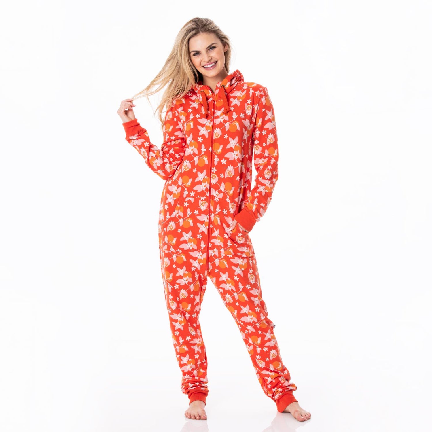 Print Adult Fleece Jumpsuit with Hood in Poppy Orange Blossom