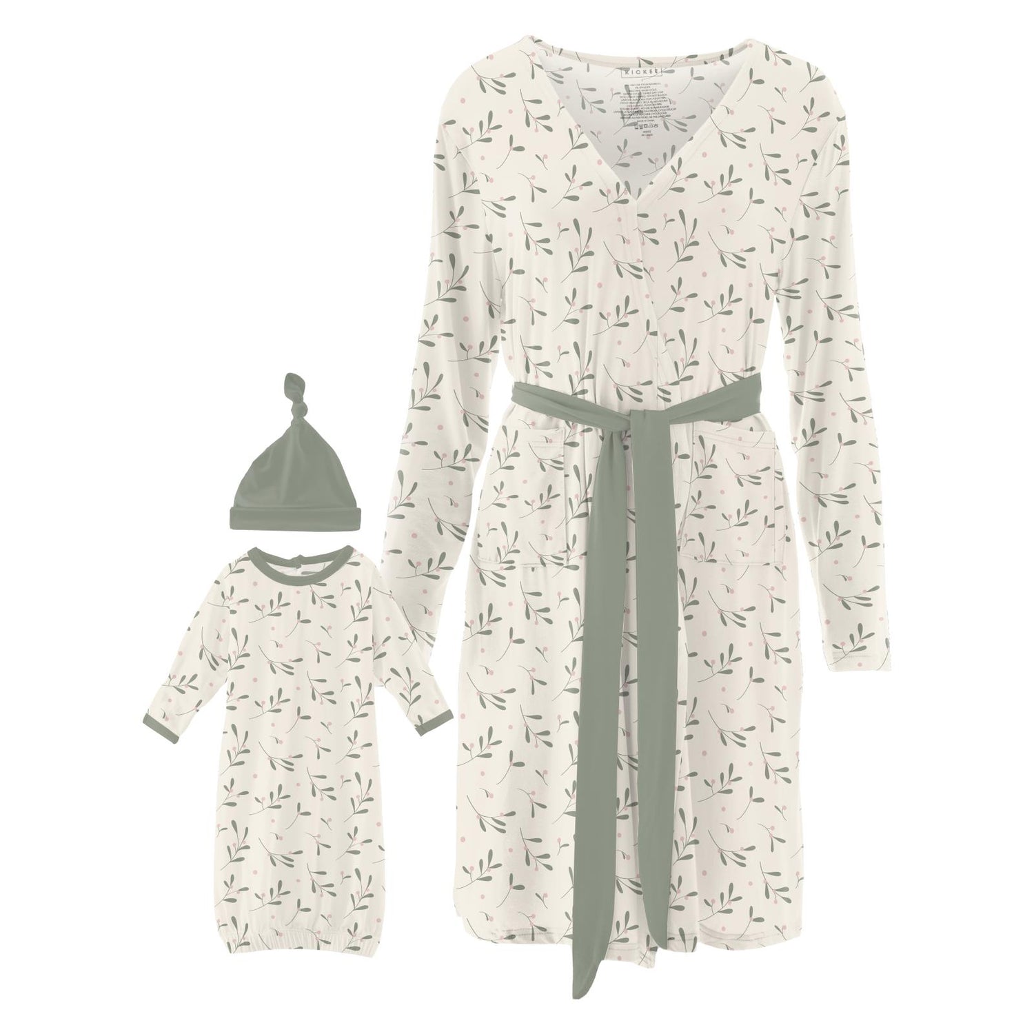Women's Print Mid Length Lounge Robe & Layette Gown Set in Natural Mistletoe