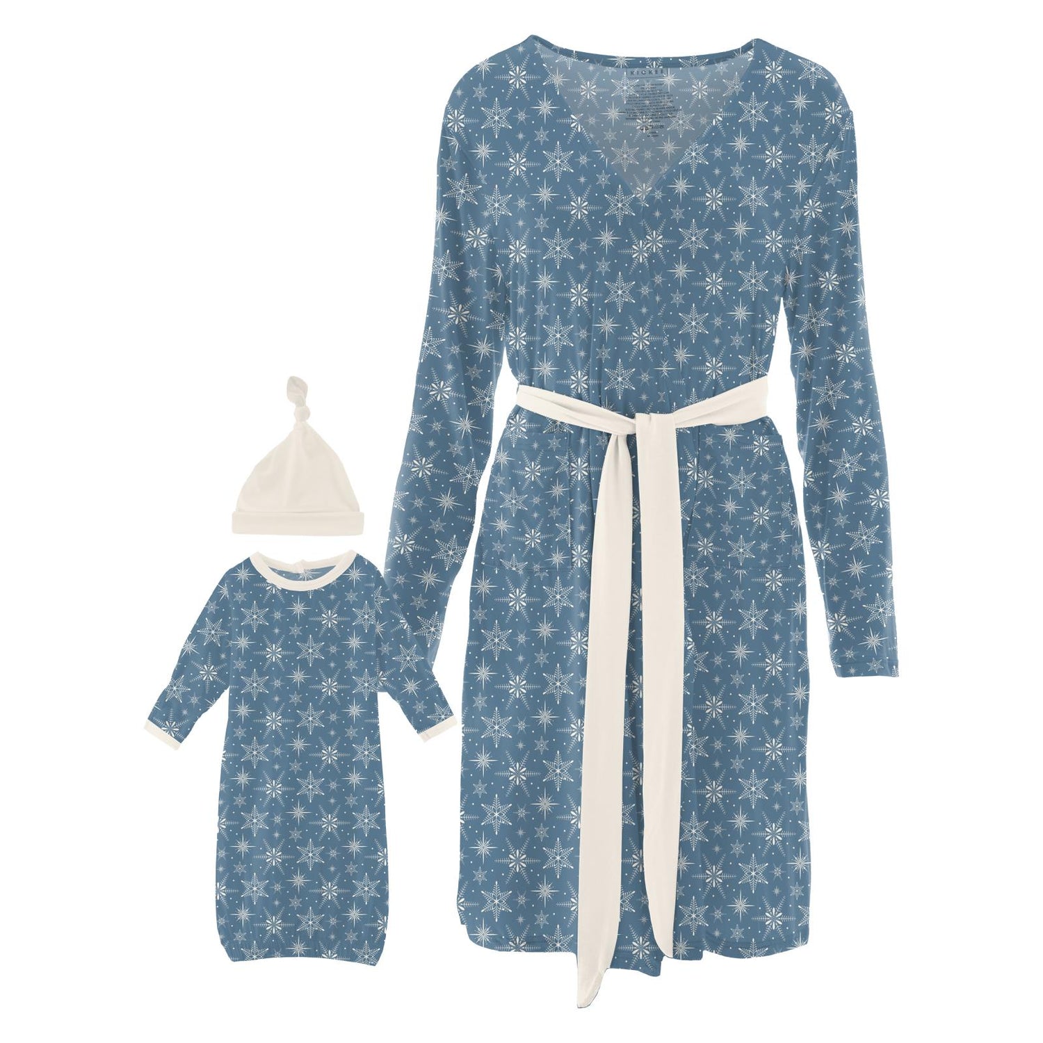 Women's Print Mid Length Lounge Robe & Layette Gown Set in Parisian Blue Snowflakes