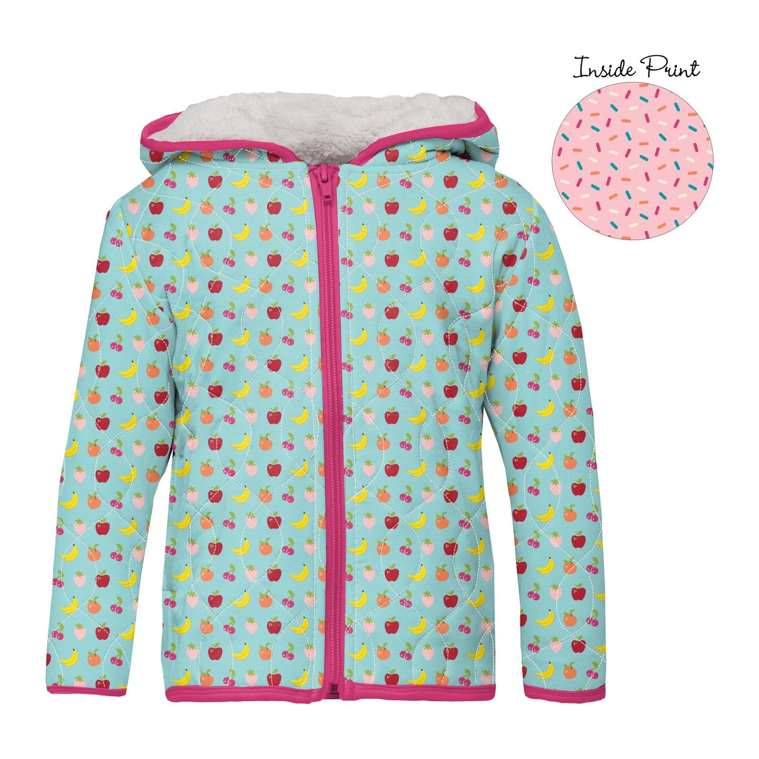 Print Quilted Jacket with Sherpa-Lined Hood in Summer Sky Mini Fruits/Lotus Sprinkles