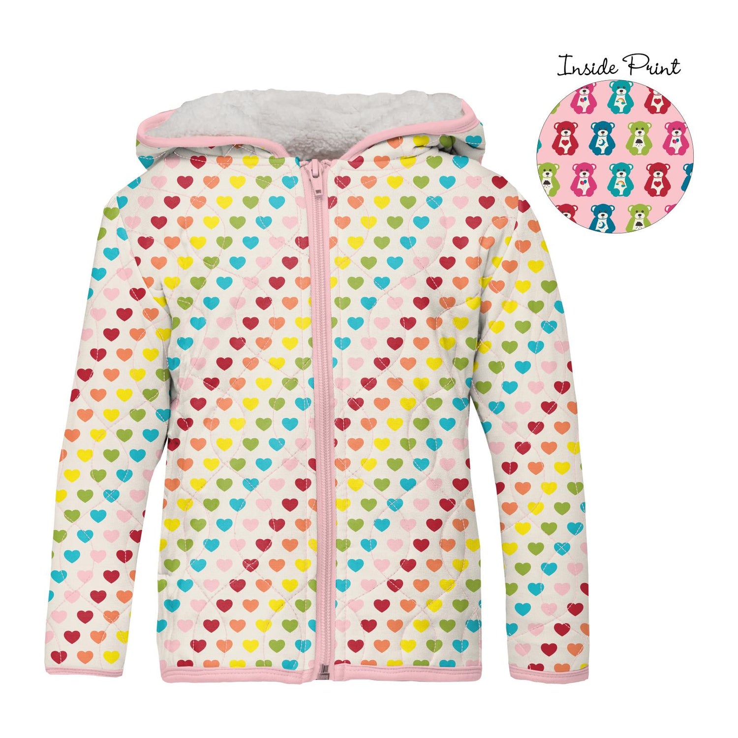 Print Quilted Jacket with Sherpa-Lined Hood in Rainbow Hearts/Lotus Happy Teddy