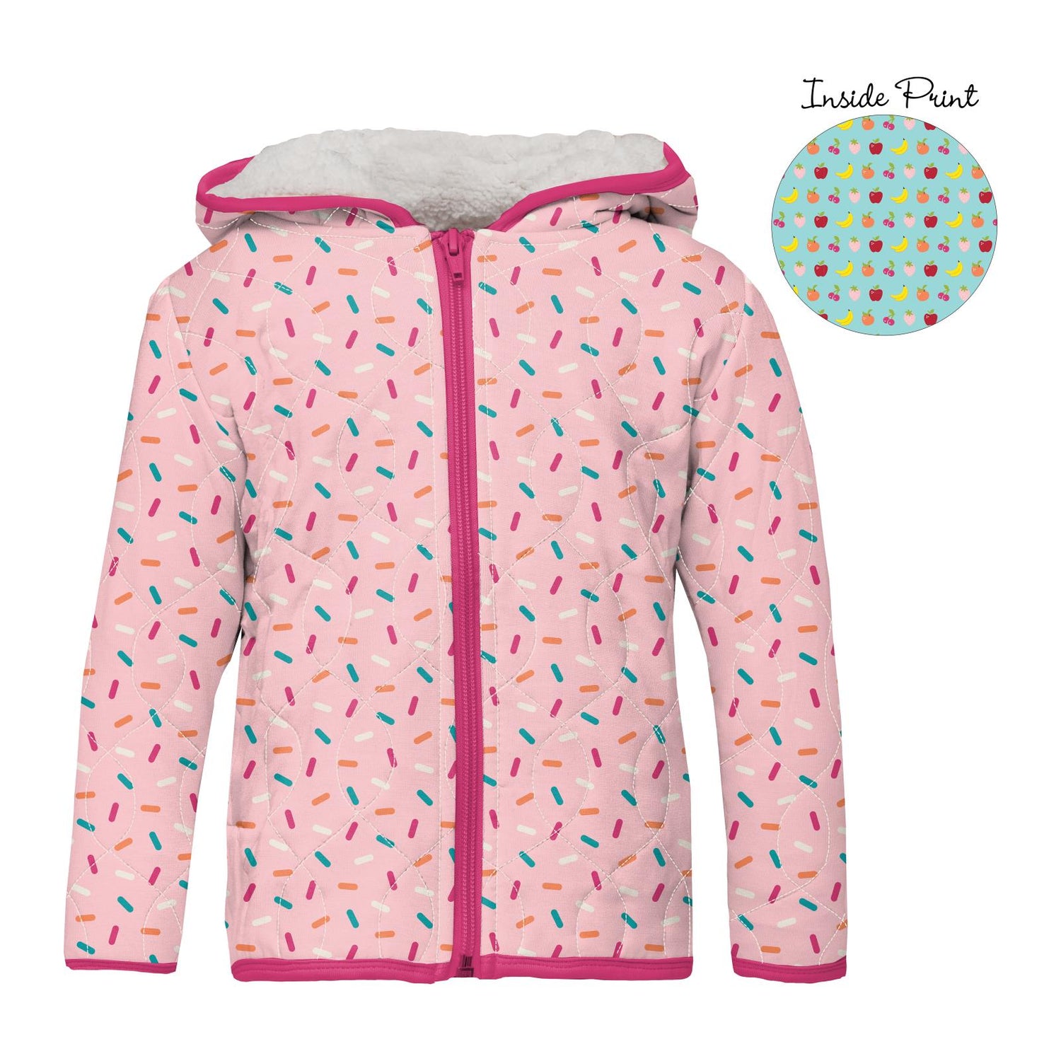 Print Quilted Jacket with Sherpa-Lined Hood in Lotus Sprinkles/Summer Sky Mini Fruits