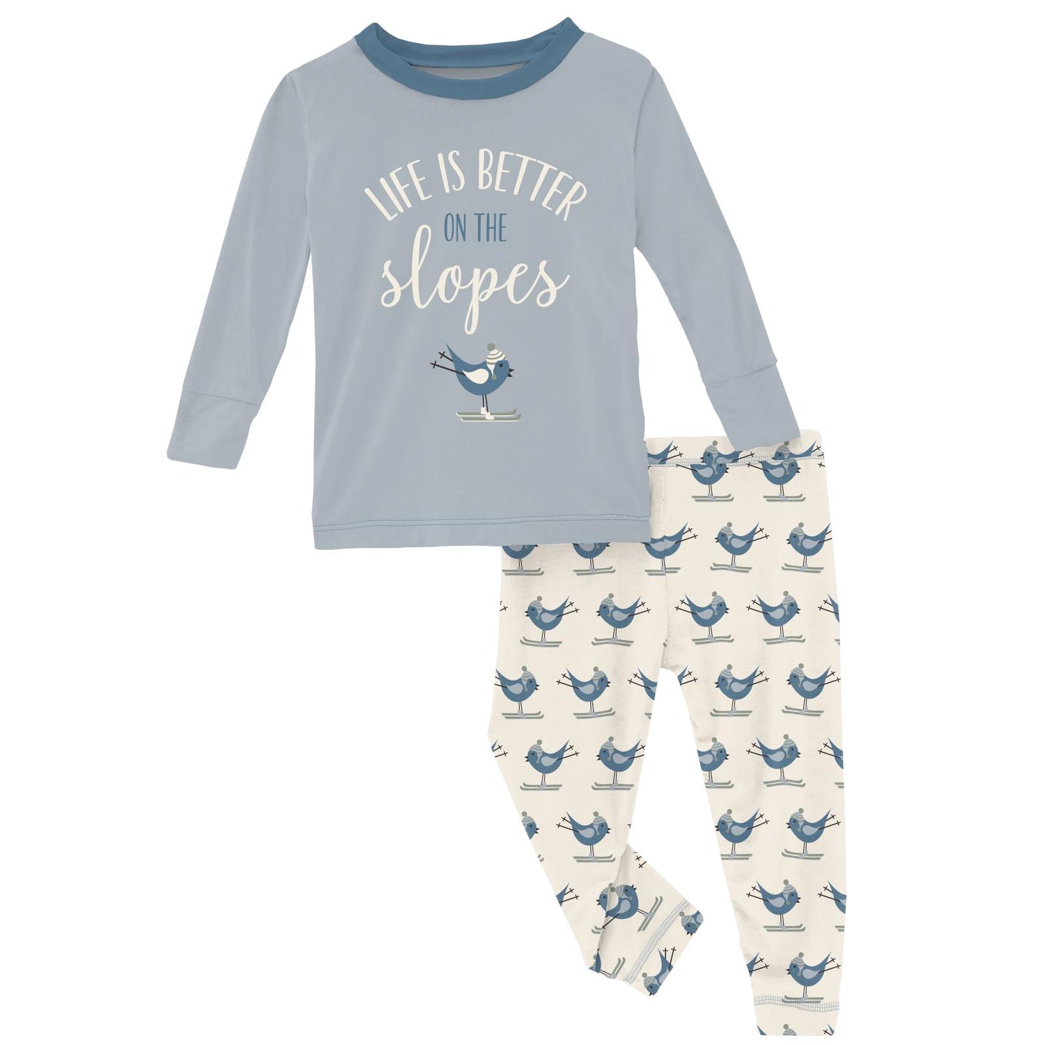 Long Sleeve Graphic Tee Pajama Set in Natural Ski Birds