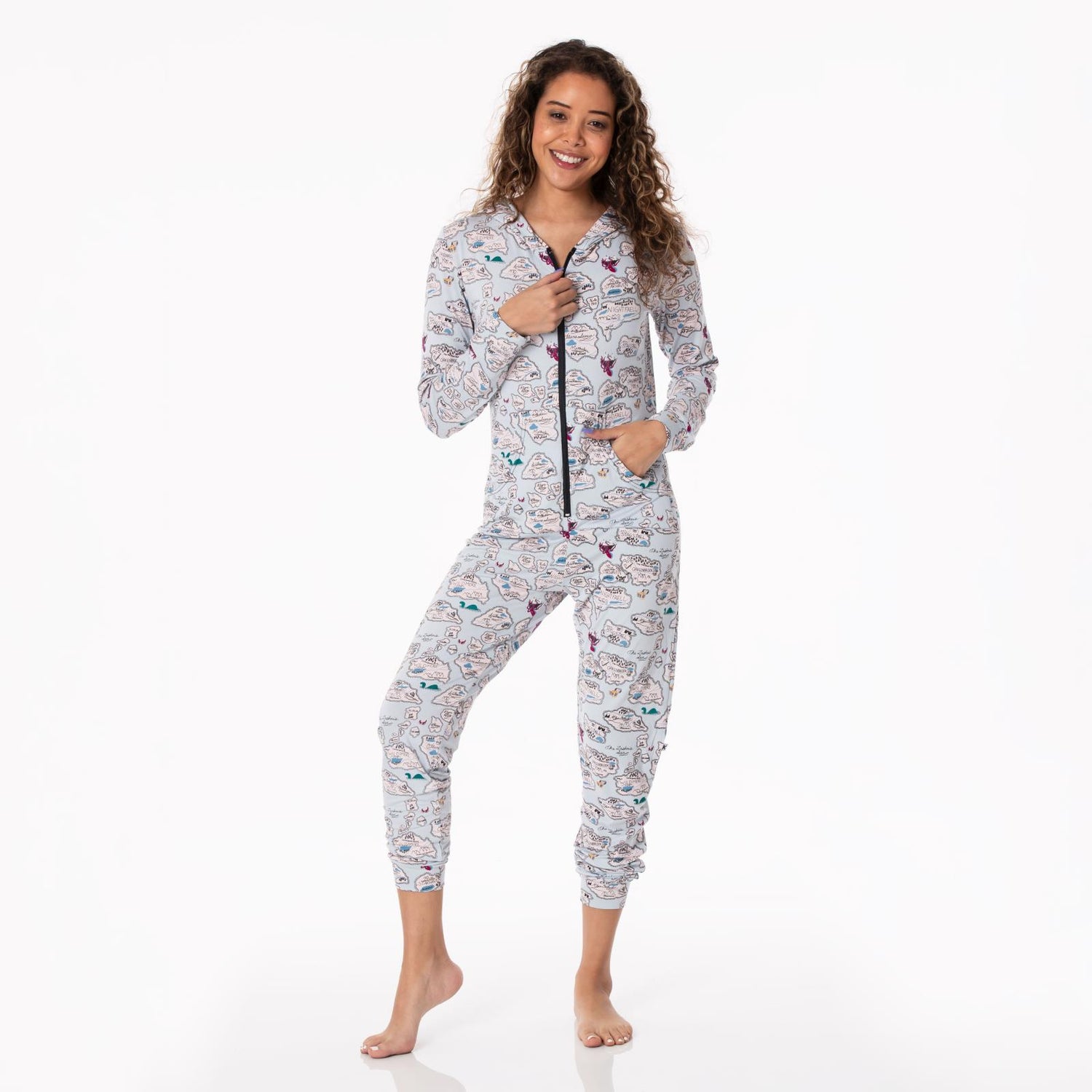 Women's Print Long Sleeve Jumpsuit with Hood in Dew Pirate Map