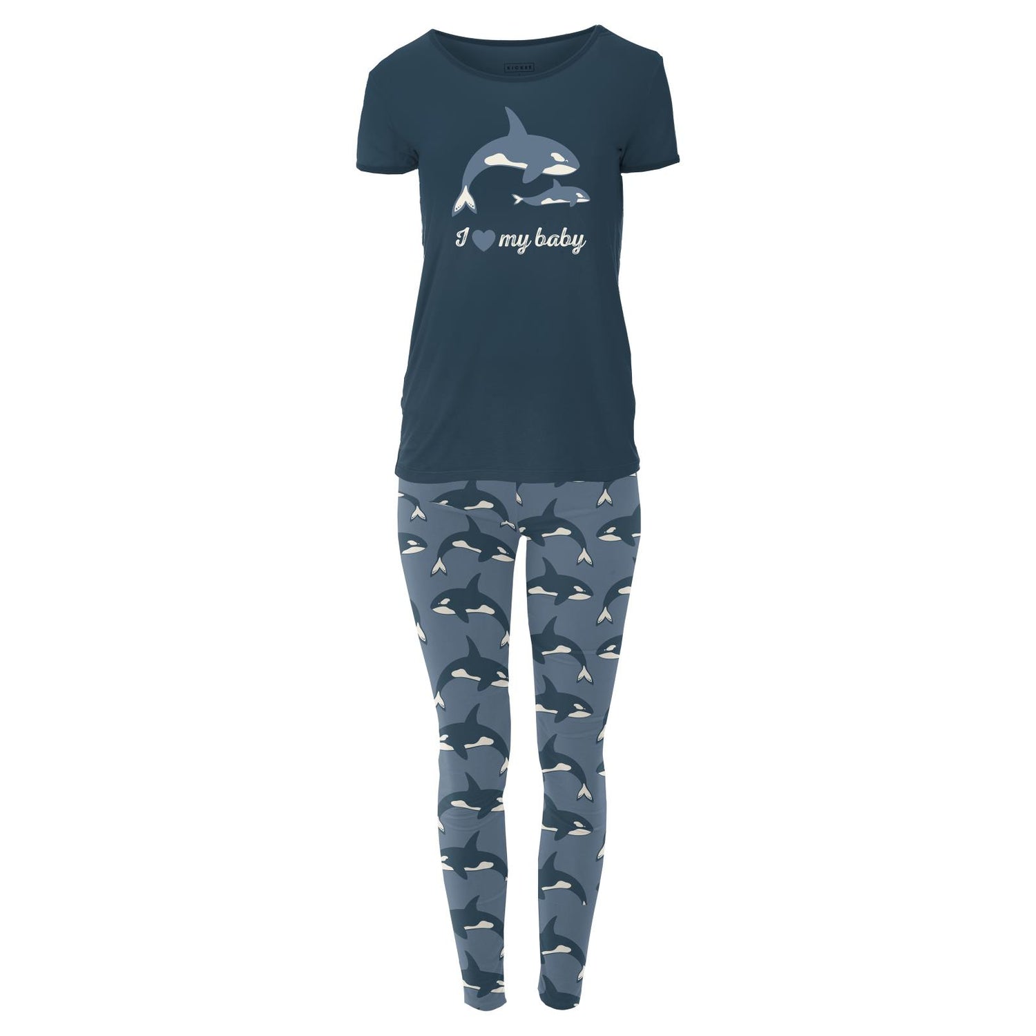 Women's Short Sleeve Graphic Tee Fitted Pajama Set in Parisian Blue Orca