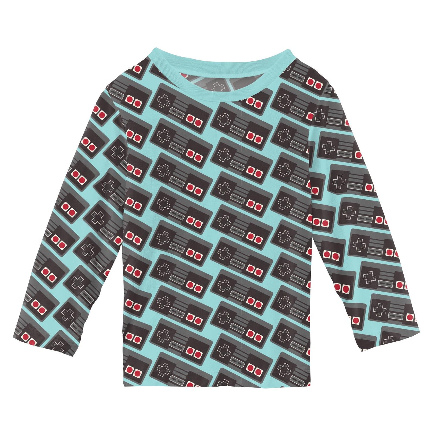 Print Long Sleeve Easy Fit Crew Neck Tee in Summer Sky Retro Game Controller