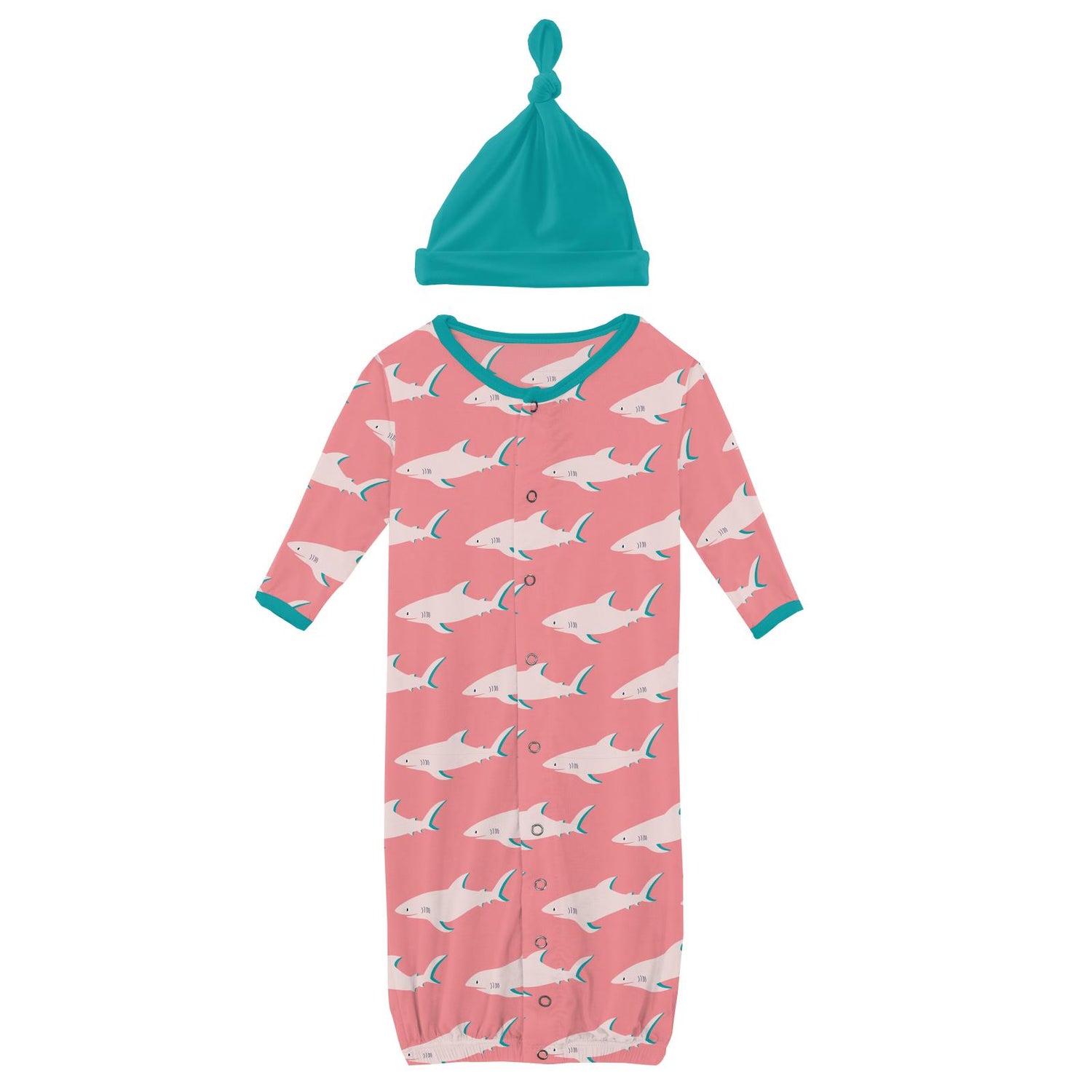 Print Layette Gown Converter & Single Knot Hat Set in Strawberry Sharky
