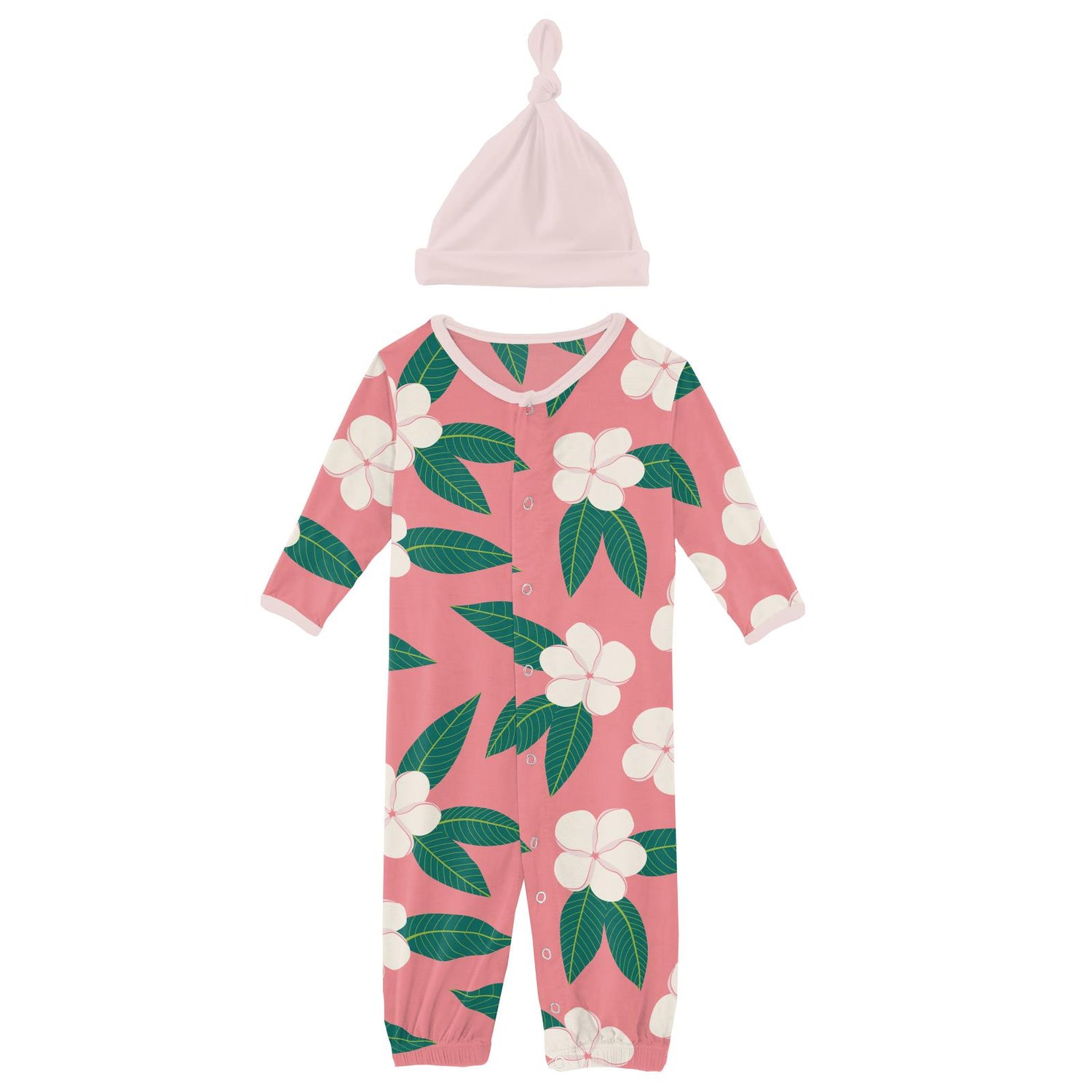 Print Layette Gown Converter & Single Knot Hat Set in Strawberry Plumeria