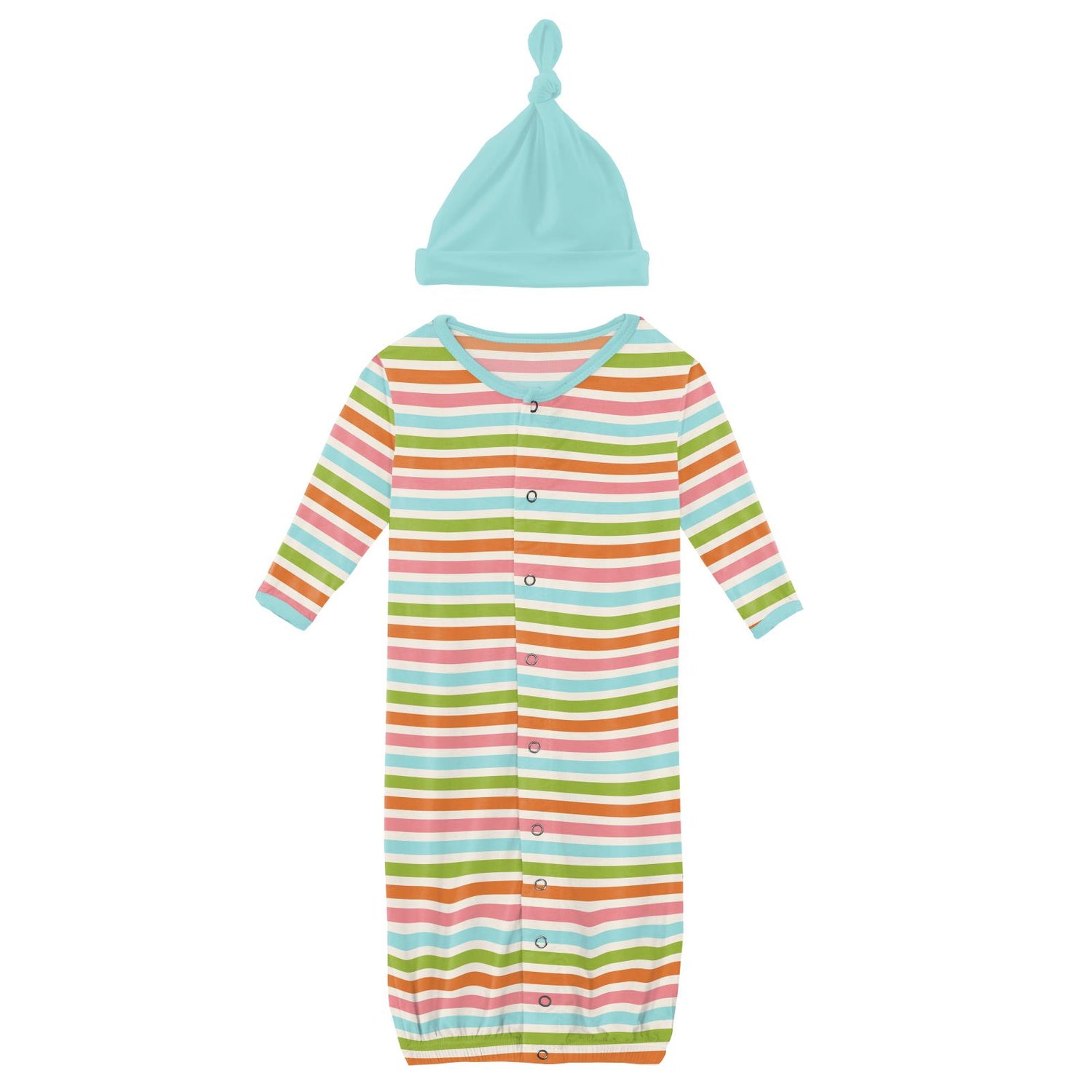 Print Layette Gown Converter & Single Knot Hat Set in Beach Day Stripe