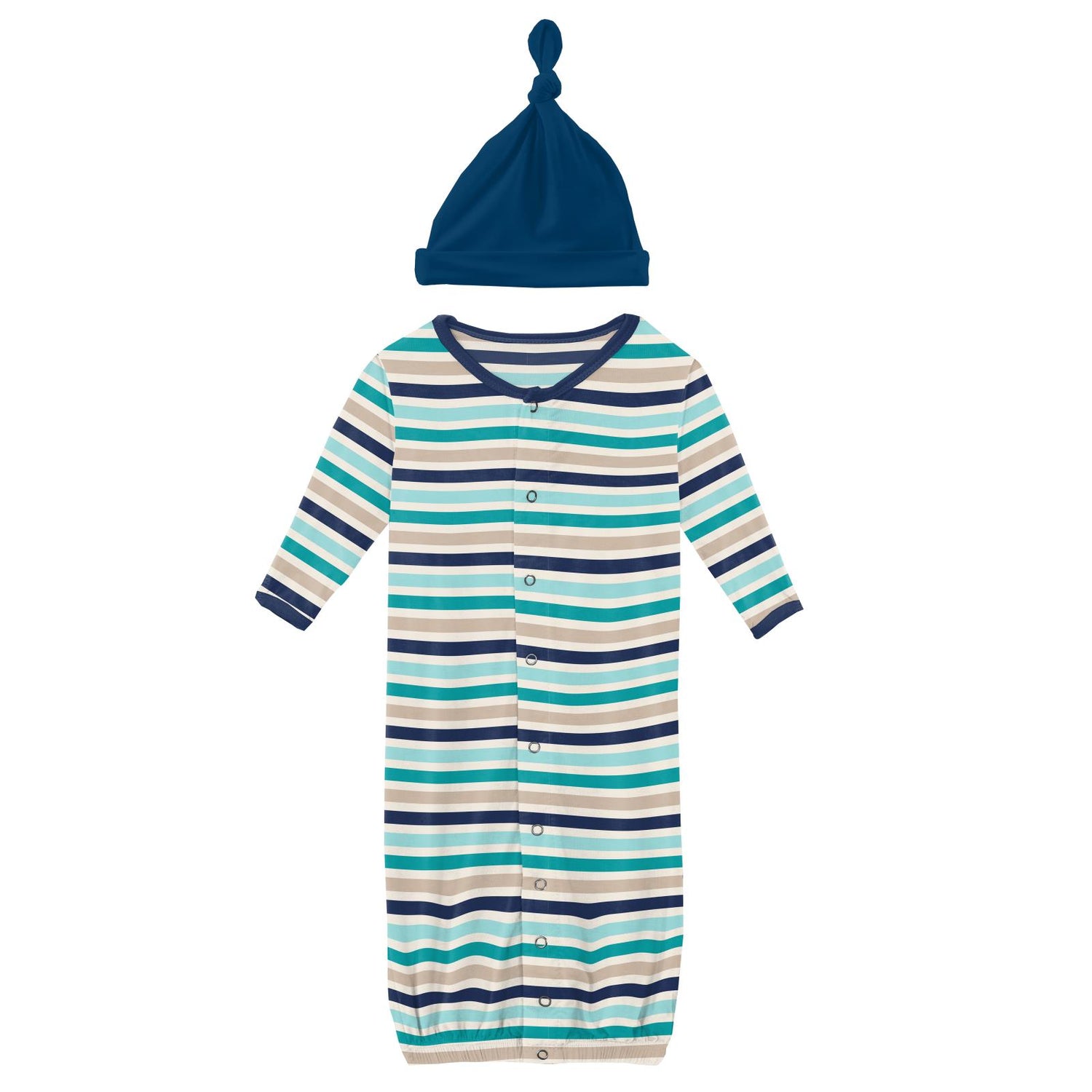 Print Layette Gown Converter & Single Knot Hat Set in Sand and Sea Stripe