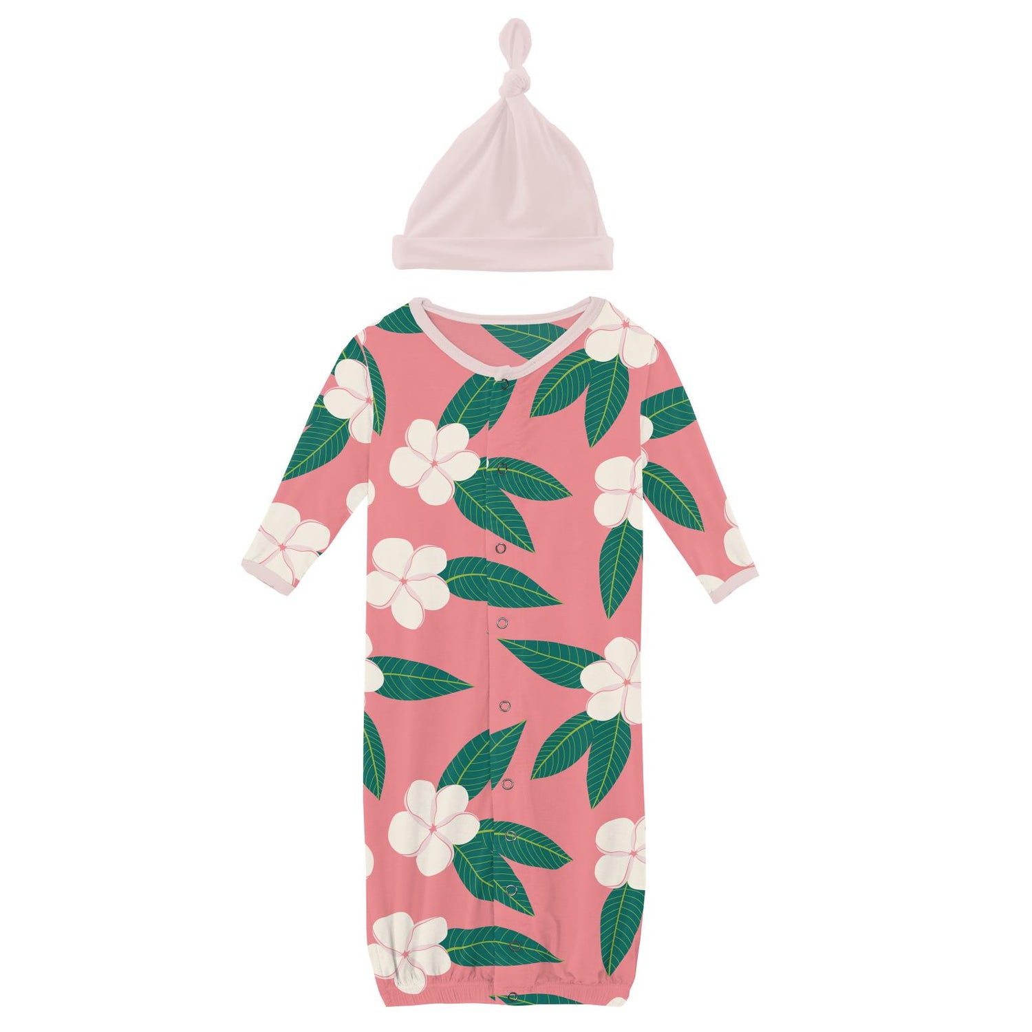 Print Layette Gown Converter & Single Knot Hat Set in Strawberry Plumeria